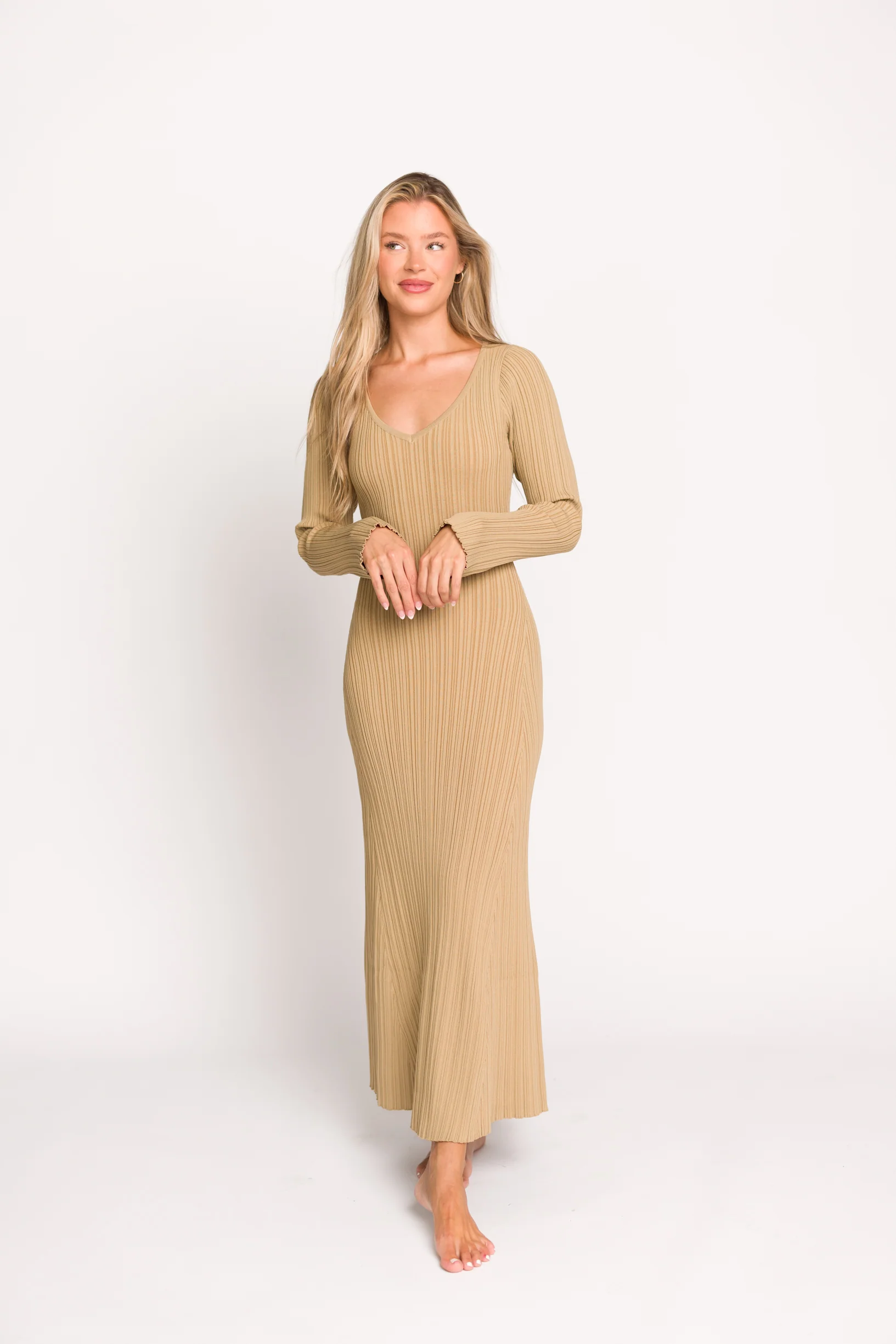 Keaton Knit Maxi Dress with V-Neckline in Beige - Fashionser