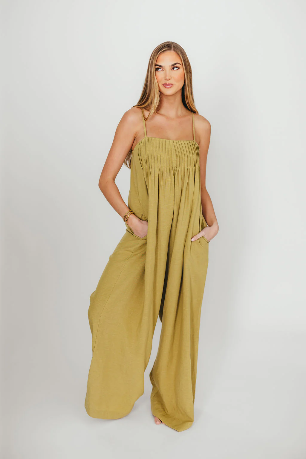 Adeline Pleated Jumpsuit in Olive - Fashionser