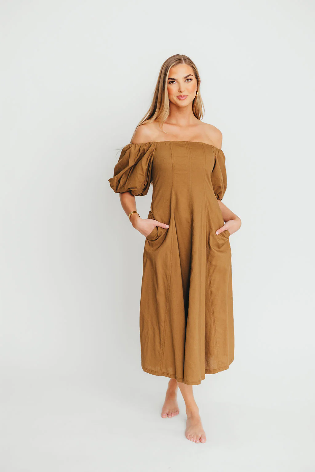 Serenity Off-The-Shoulder Midi Dress in Coconut - Fashionser