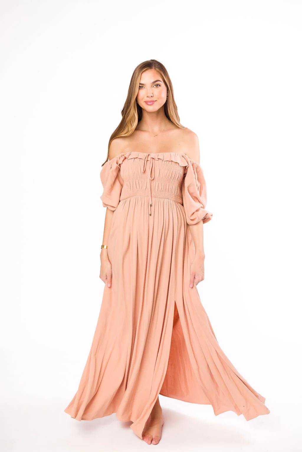 Devon Smocked Maxi Dress in Peach Clay - Bump Friendly - Fashionser