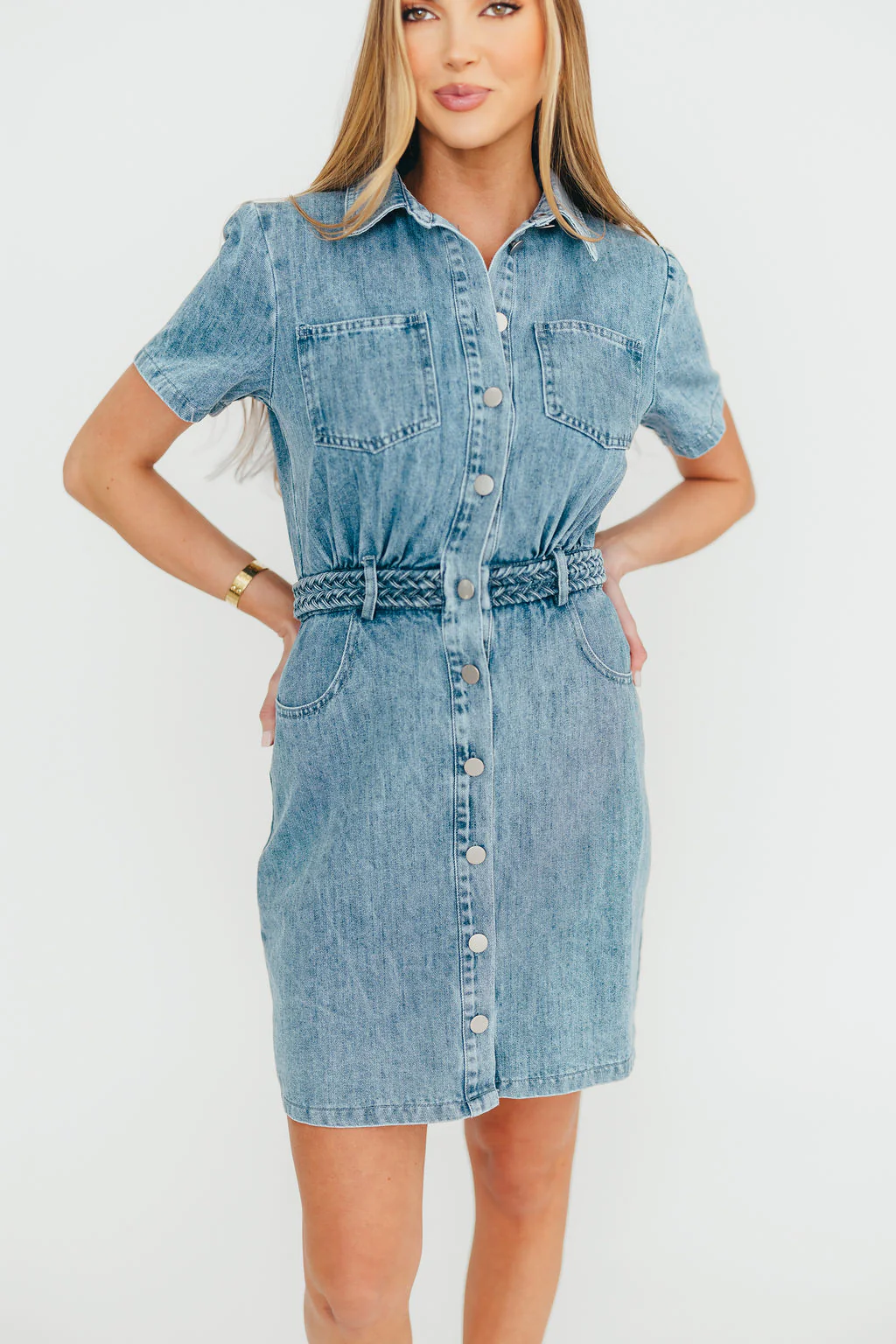 Gabriella Belted Button Down Mini Denim Dress - Fashionser