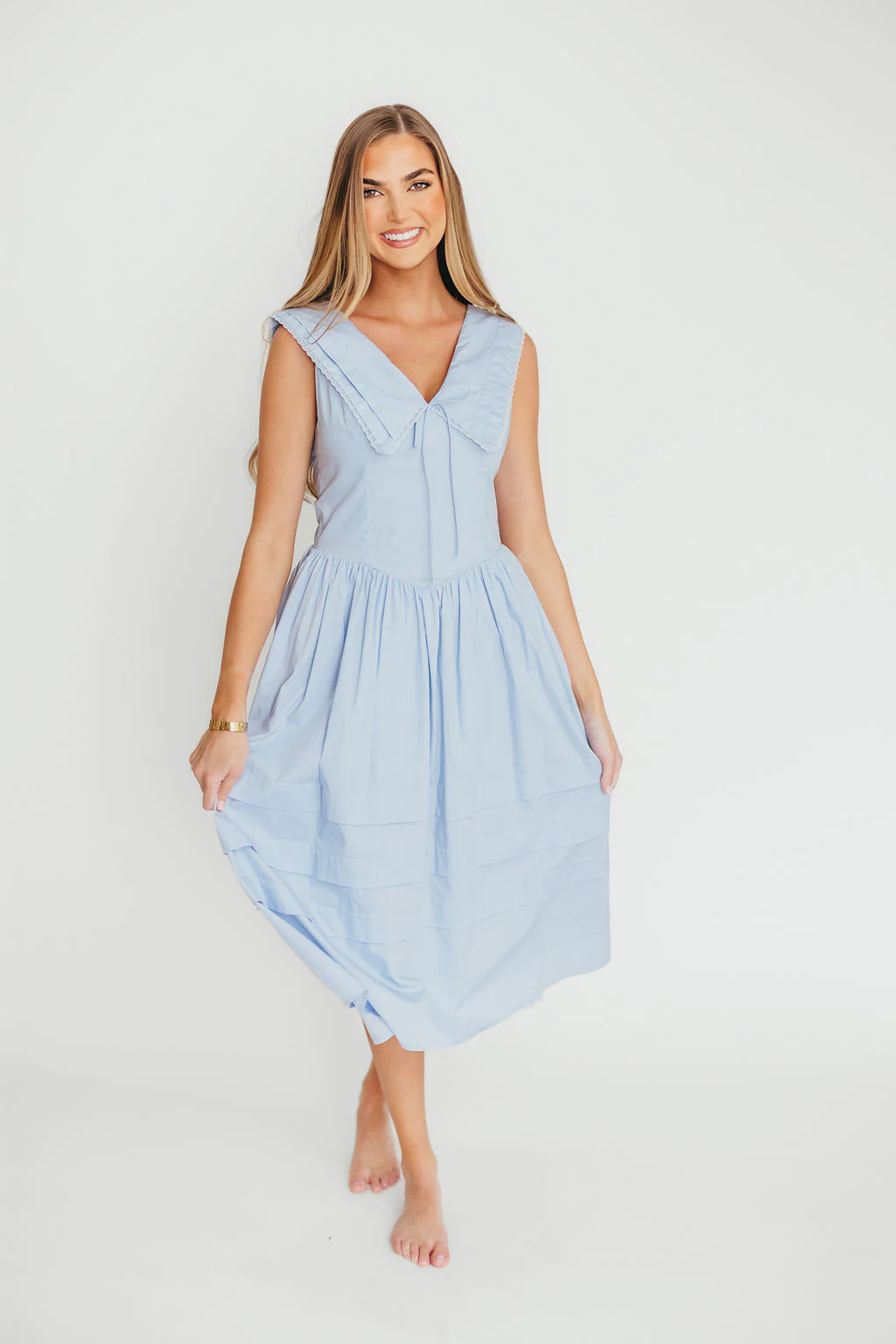 Sailor 100% Cotton Collared Midi Dress in Blue - Fashionser