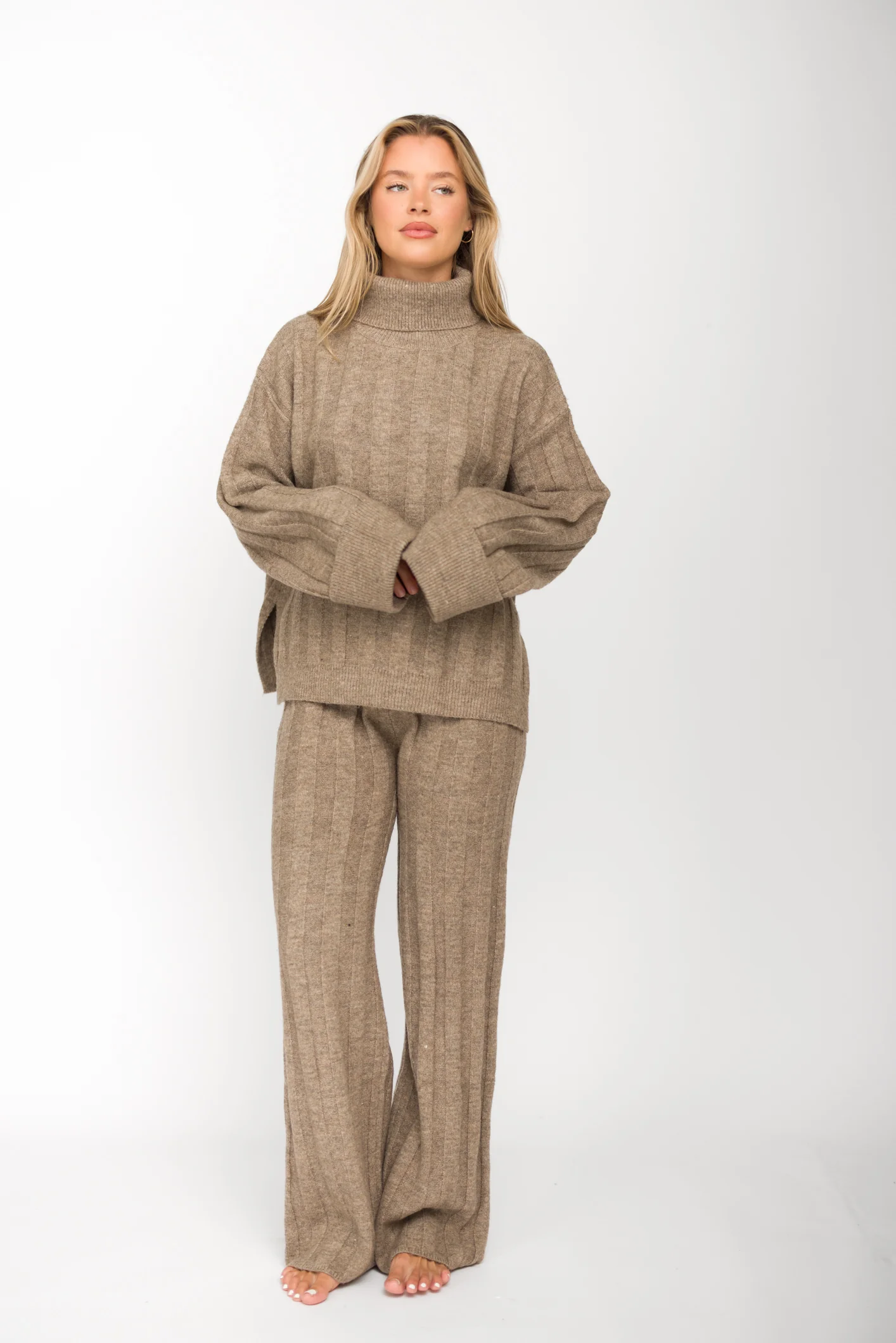 Kai Thick Ribbed Knit Two Piece Sweater Set in Taupe - Fashionser