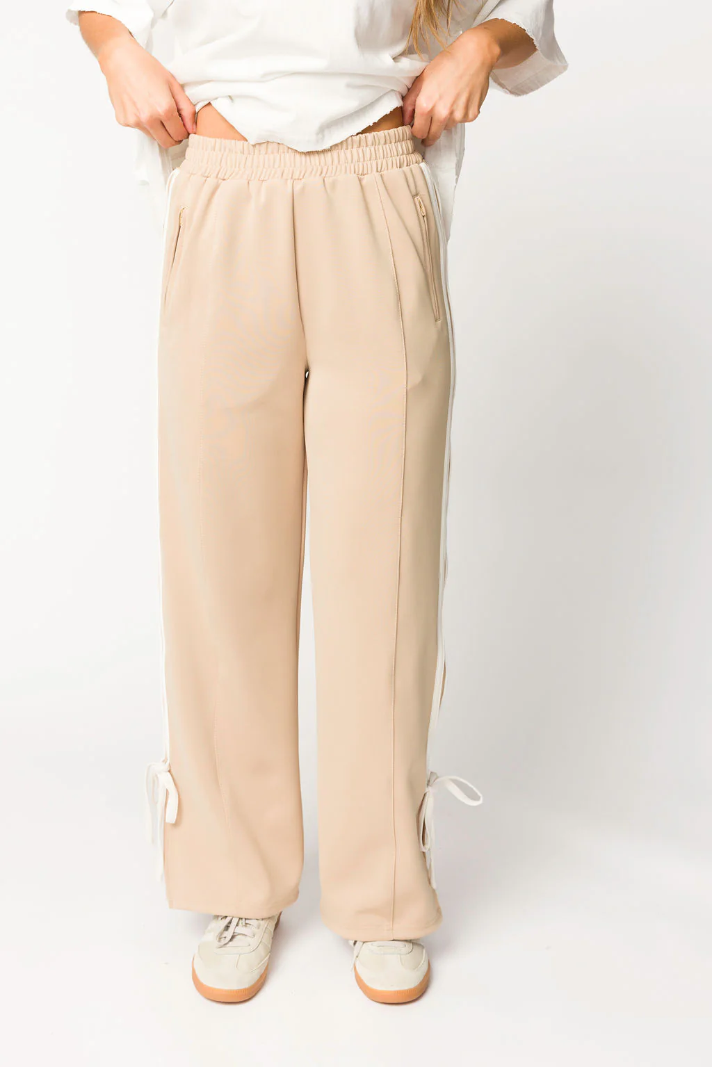 Murphy Track Pants with Bow Detail in Taupe/White - Fashionser
