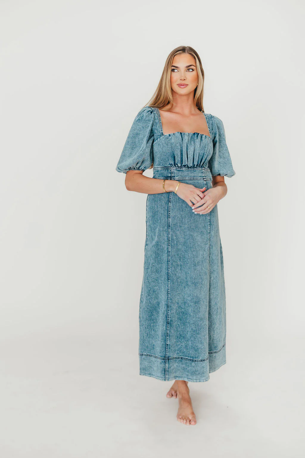 Cora Balloon Sleeve Denim Maxi Dress - Fashionser