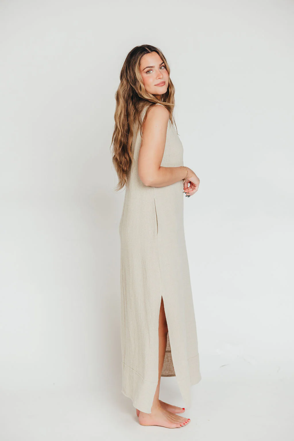 How Sweet It Is Sleeveless Linen-Blend Maxi in Sand - Bump Friendly - Fashionser