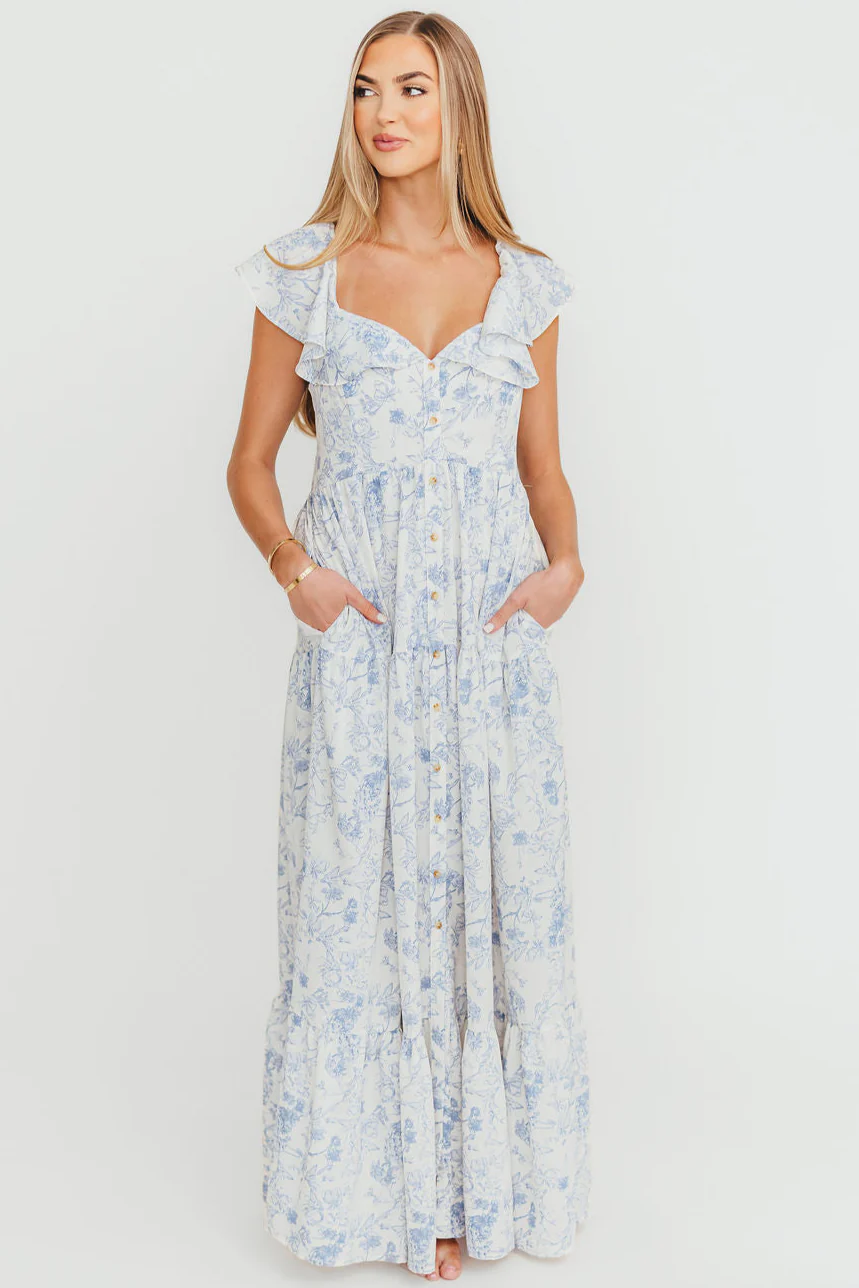 Dorothy Floral Button-up Maxi Dress in Blue/White - Nursing Friendly - Fashionser