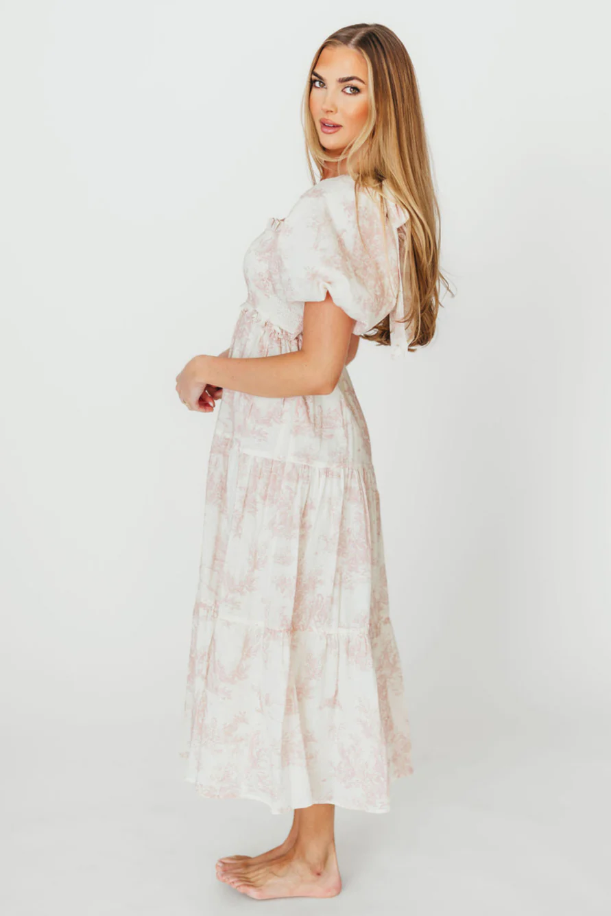 Elena 100% Cotton Toile Print Smocked Midi Dress in Pink - Bump Friendly - Fashionser