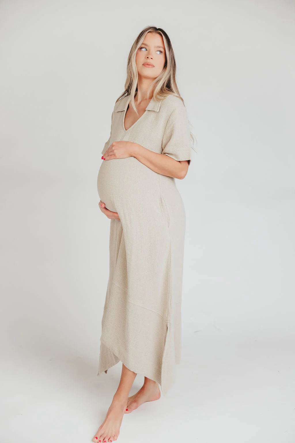 Fallon Linen-Blend Collared Midi Dress in Sand - Bump Friendly - Fashionser