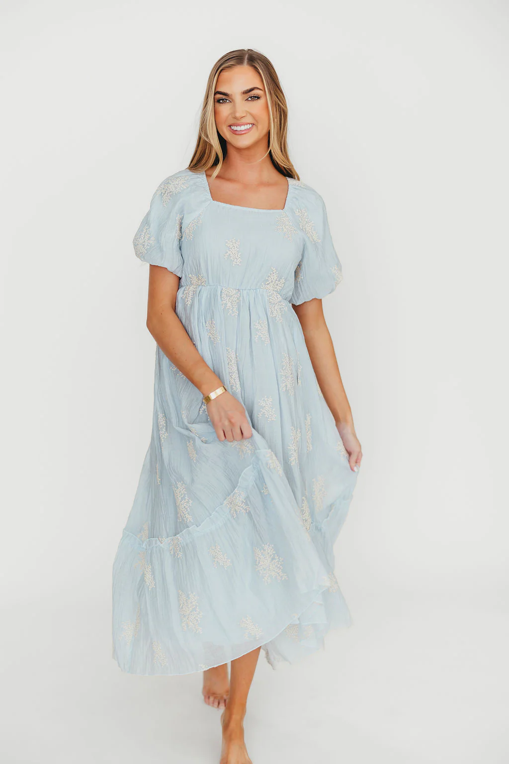 Hallie Embroidered Maxi Dress in Powder Blue - Bump Friendly & Inclusive Sizing (S-3XL) - Fashionser