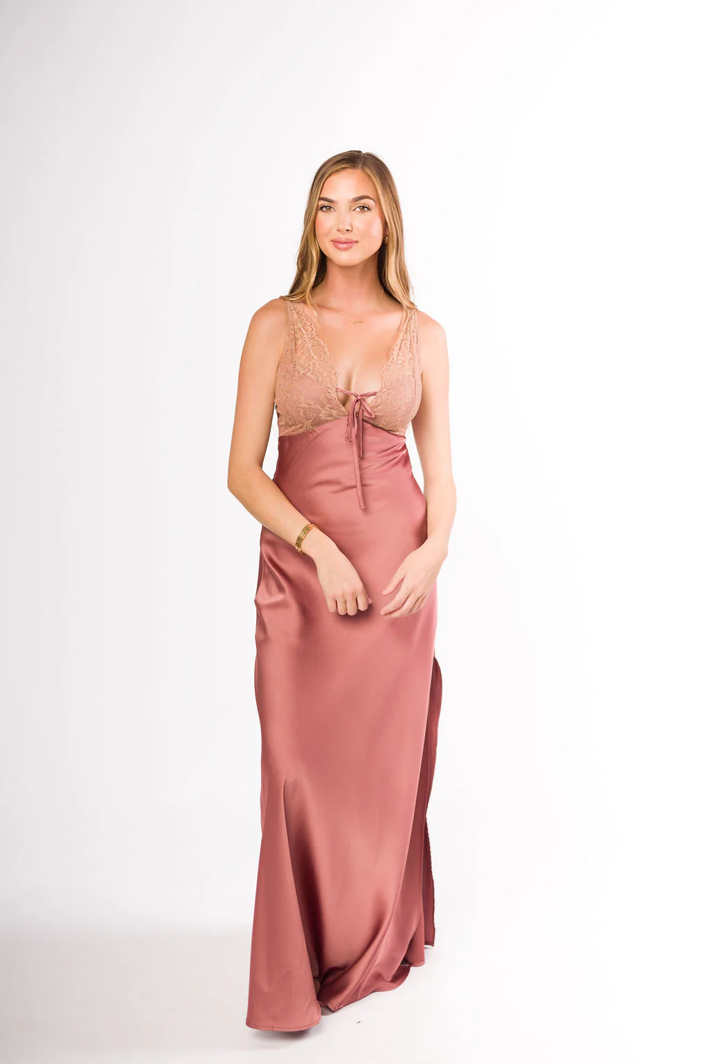 Christina Lace & Satin Contrast Maxi Dress in Blushed Cashmere - Fashionser