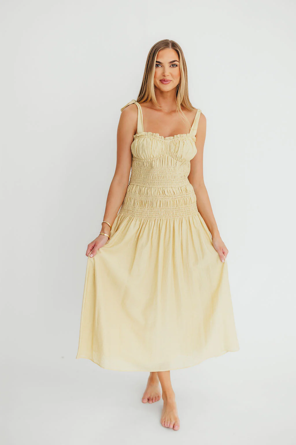 Della Adjustable Tie Midi Dress in Yellow - Fashionser