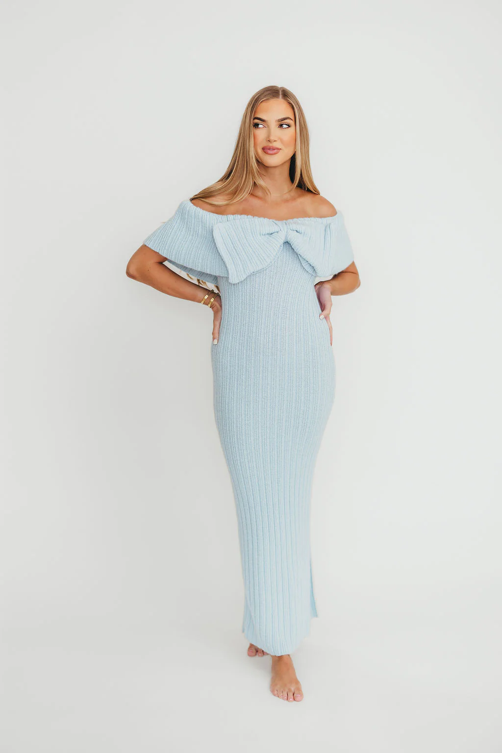 Aston Bow Front Maxi Sweater Dress in Ice Metal �C Bump Friendly & Inclusive Sizing (S-3XL) - Fashionser