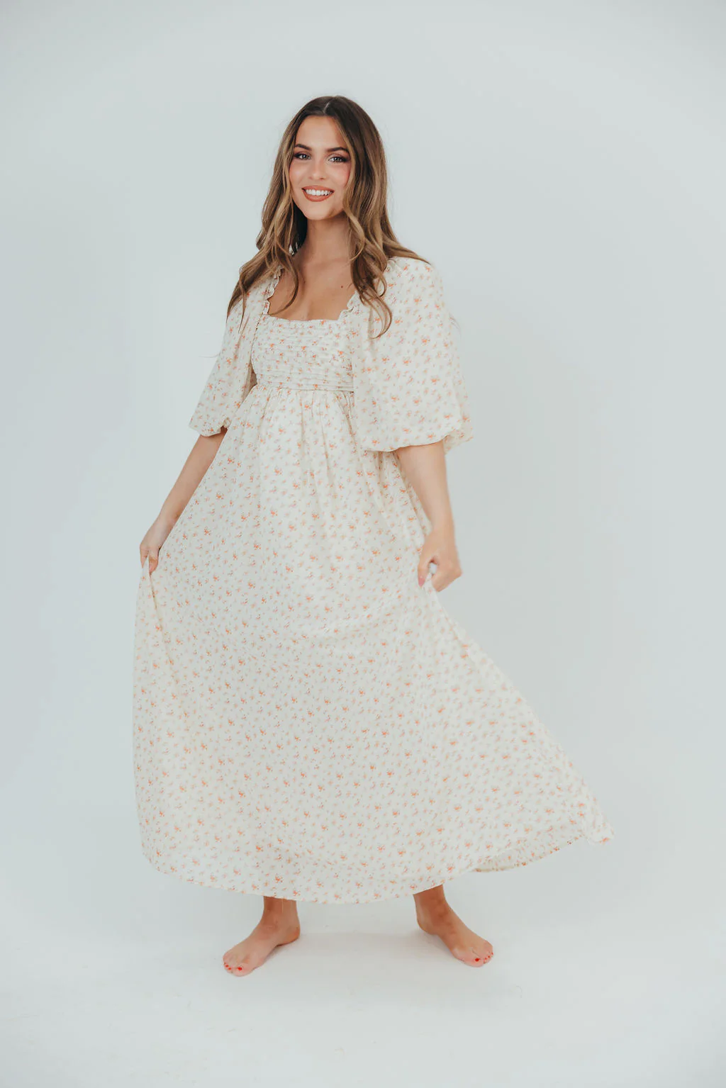 Melody Maxi Dress with Pleats and Bow Detail in Ivory Floral- Bump Friendly & Inclusive Sizing (S-3XL) - Fashionser
