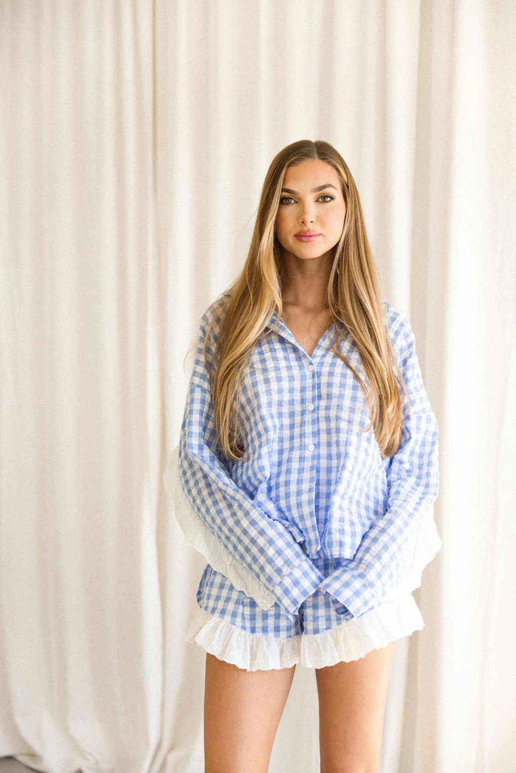 Delaney Ruffle and Gingham Button-Down and Shorts Set in Light Blue--Nursing Friendly - Fashionser