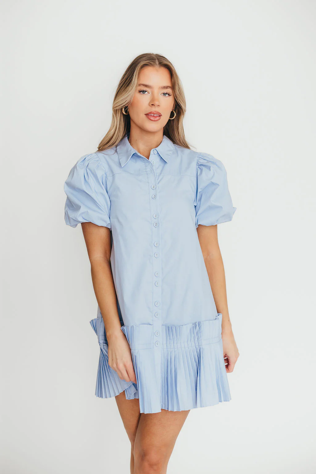 Alicia Pleated Hem Mini Dress in Powder Blue - Fashionser