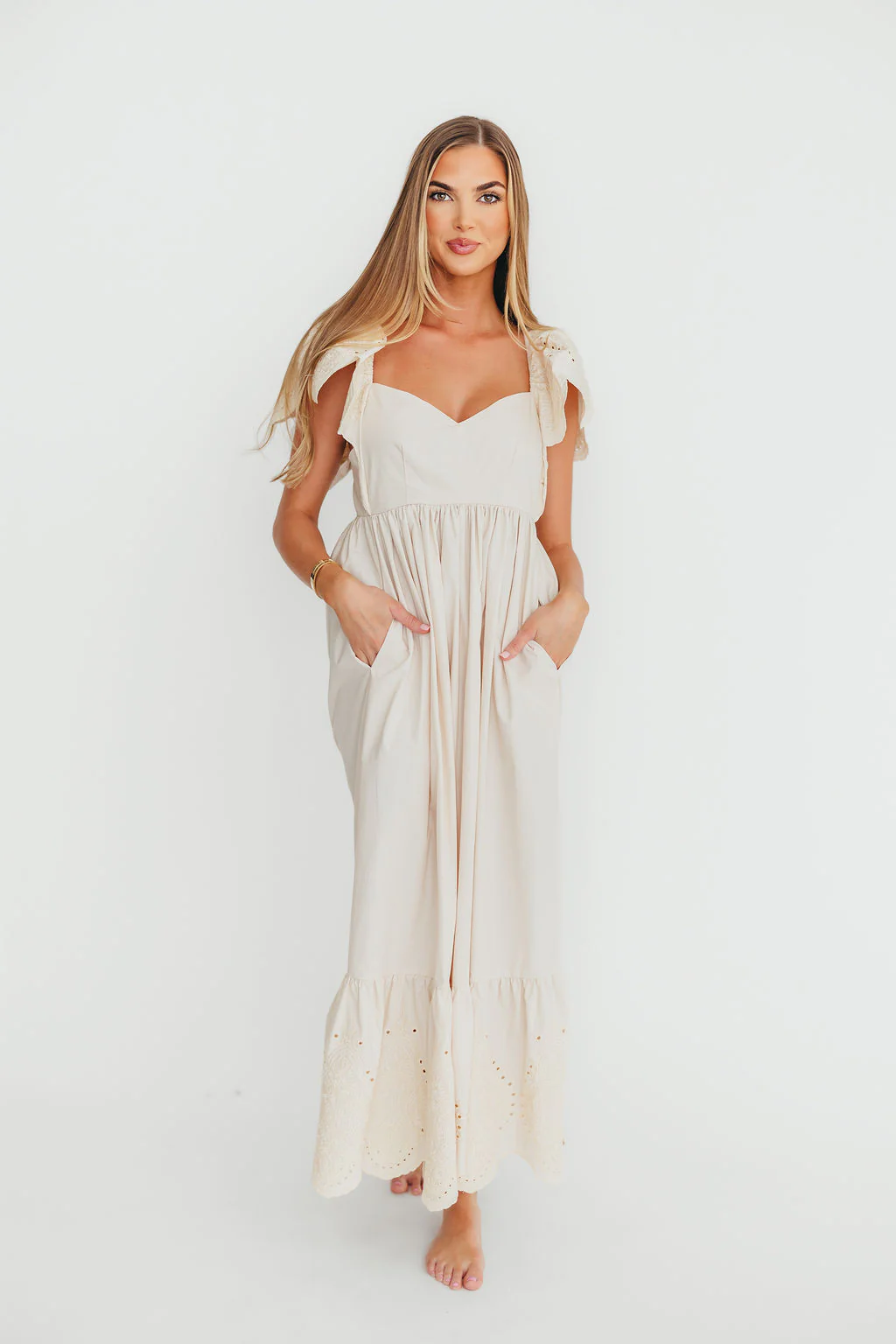 Brooklyn 100% Cotton Eyelet Detail Maxi Dress in Natural - Fashionser