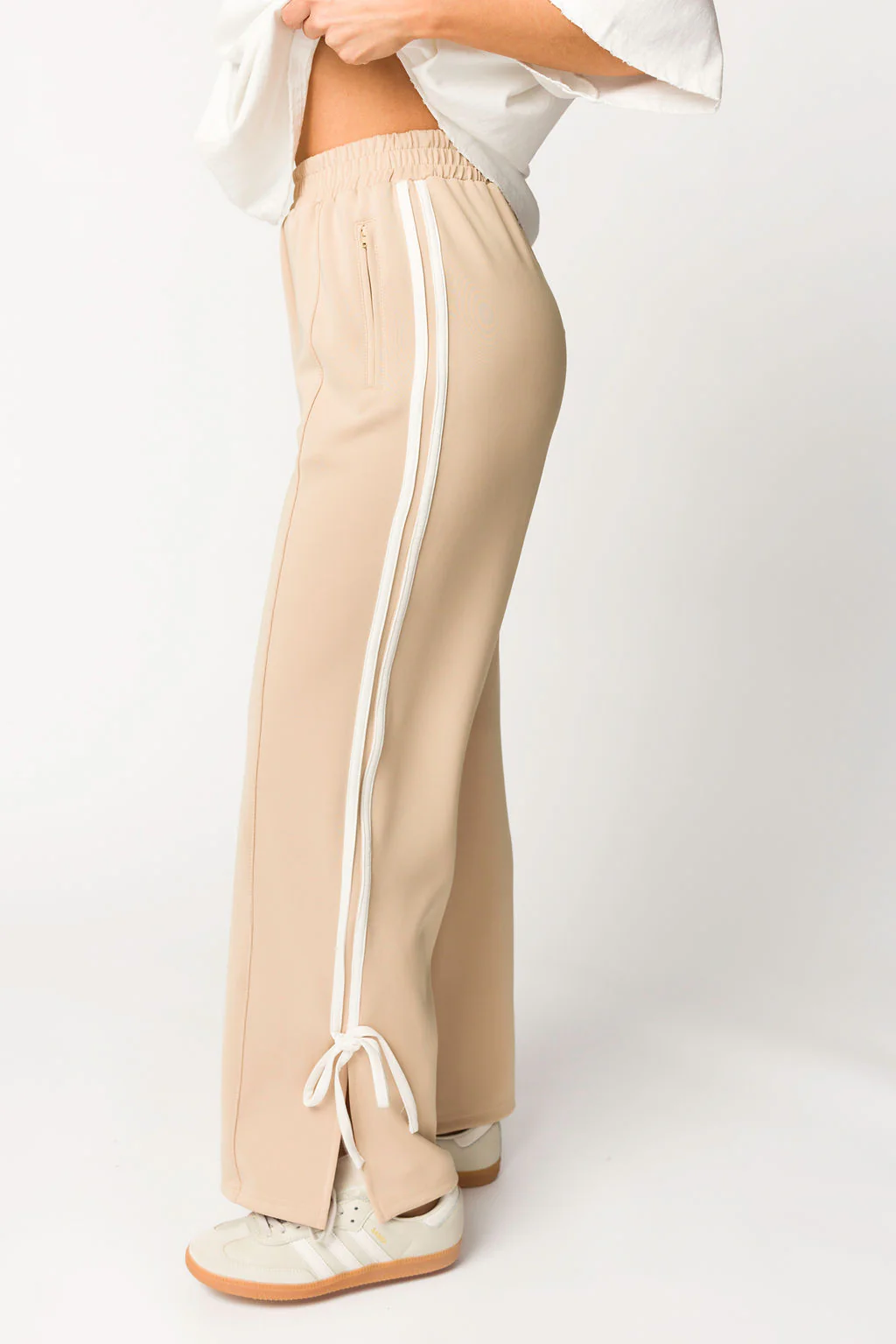 Murphy Track Pants with Bow Detail in Taupe/White - Fashionser