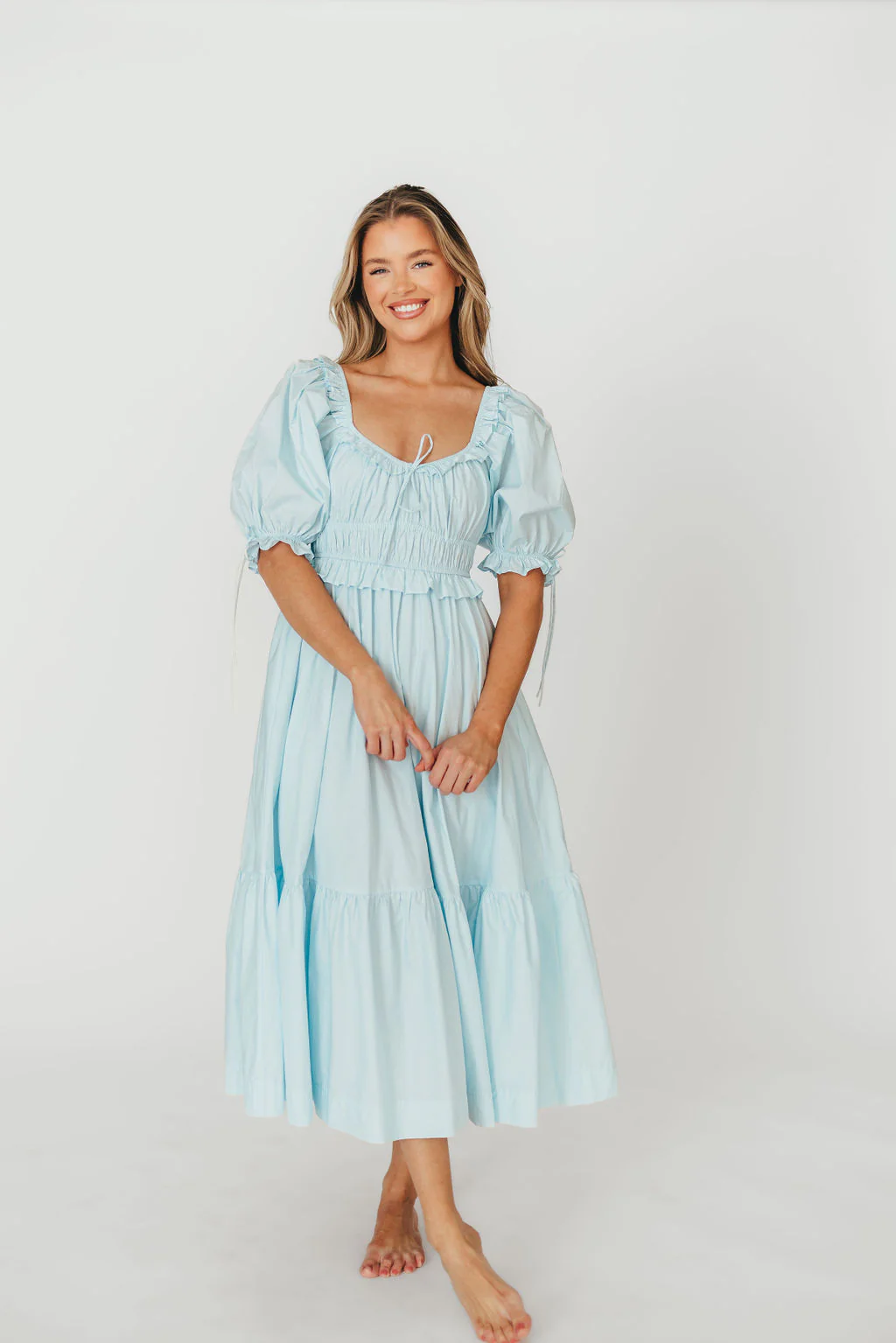 100% Cotton Crissy Ruched Midi Dress in Baby Blue - Bump Friendly - Fashionser