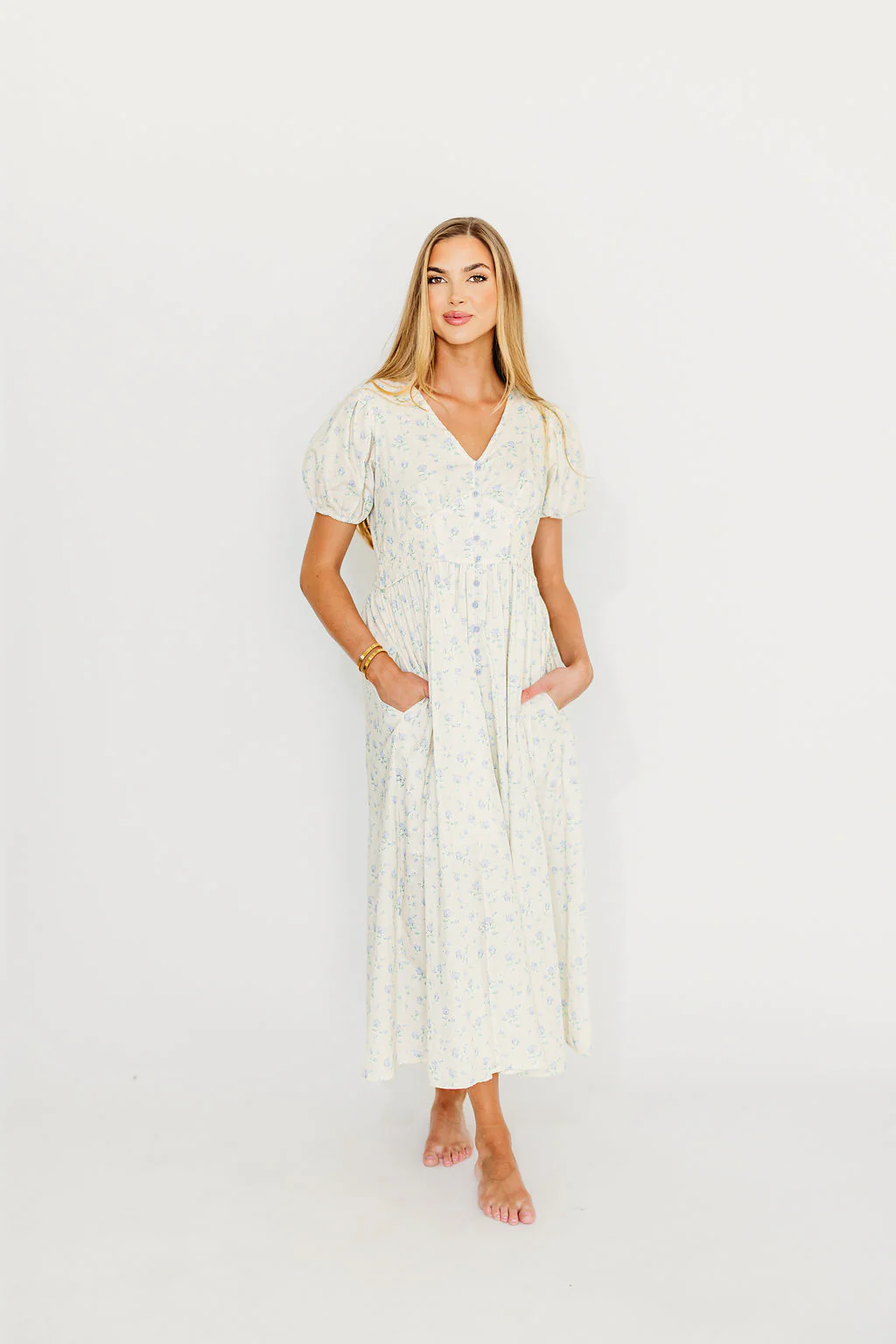 Kylee 100% Cotton Floral Maxi Dress in French Blue - Nursing Friendly - Fashionser