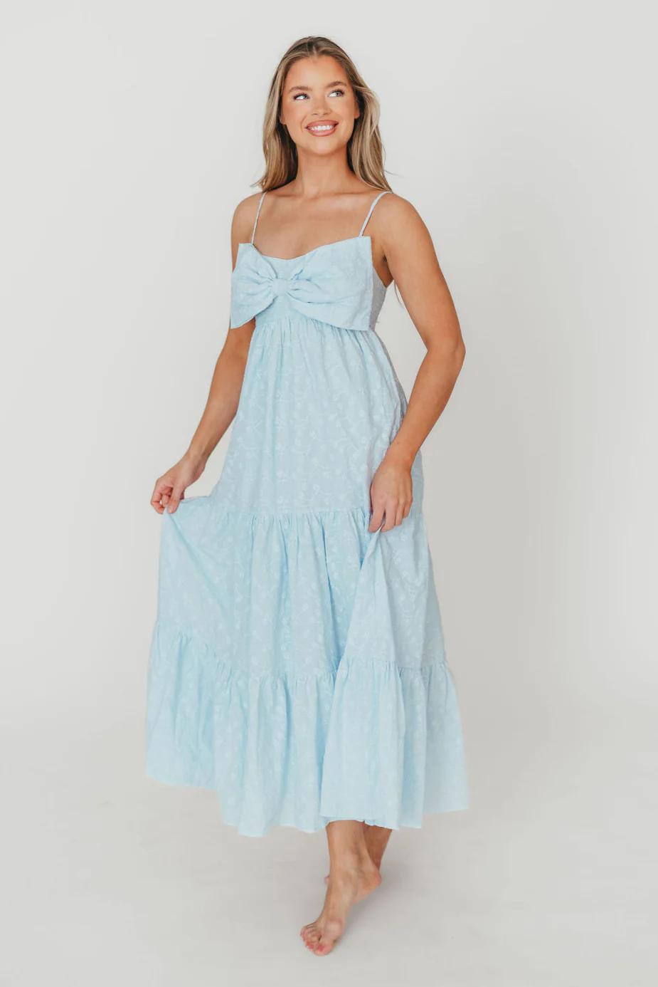 Cecile Bow Front Maxi Dress in Blue - 100% Cotton - Fashionser
