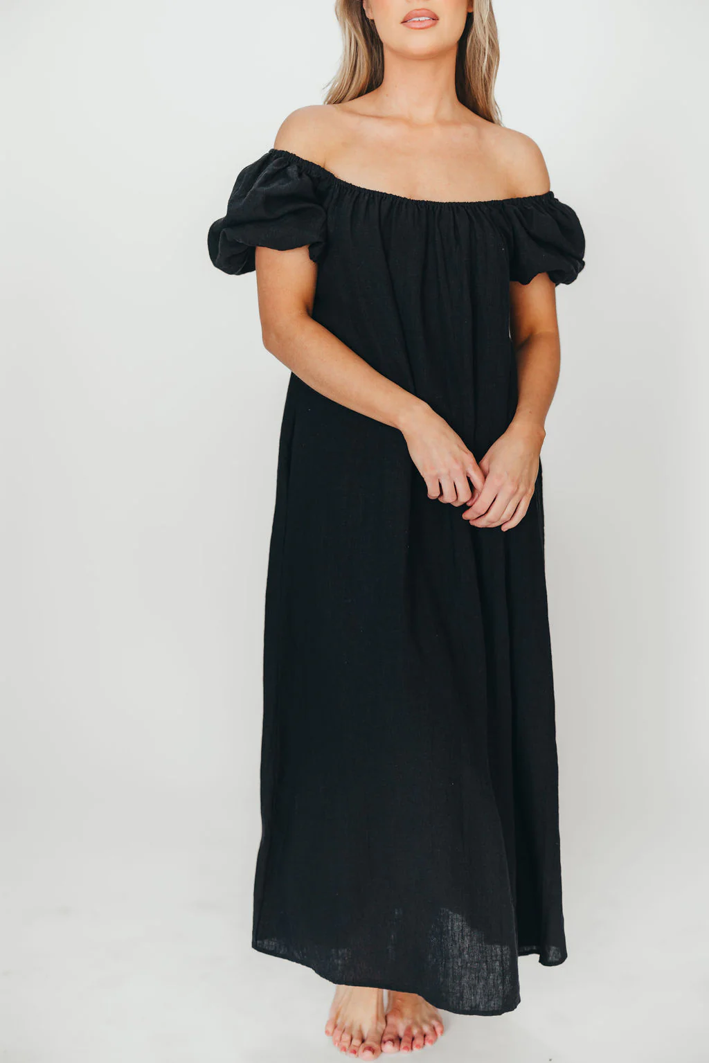 Genoa 100% Linen Maxi Dress in Black - Bump Friendly - Fashionser