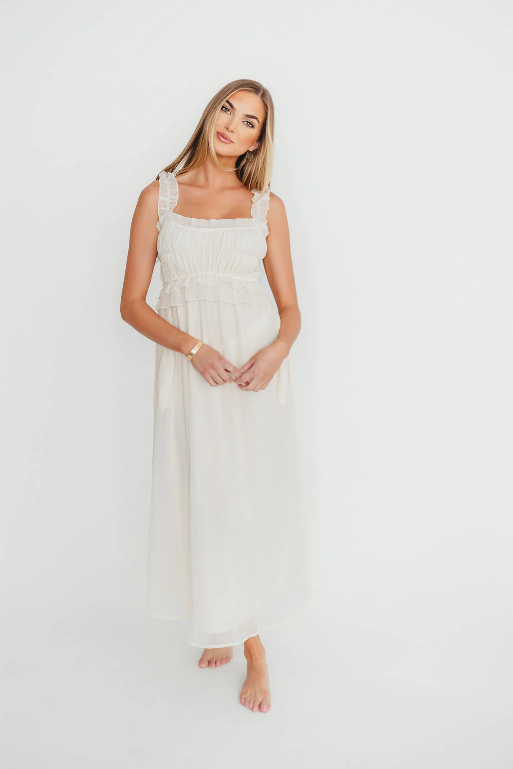 Demi Ruffle Midi Dress in Ecru - Fashionser