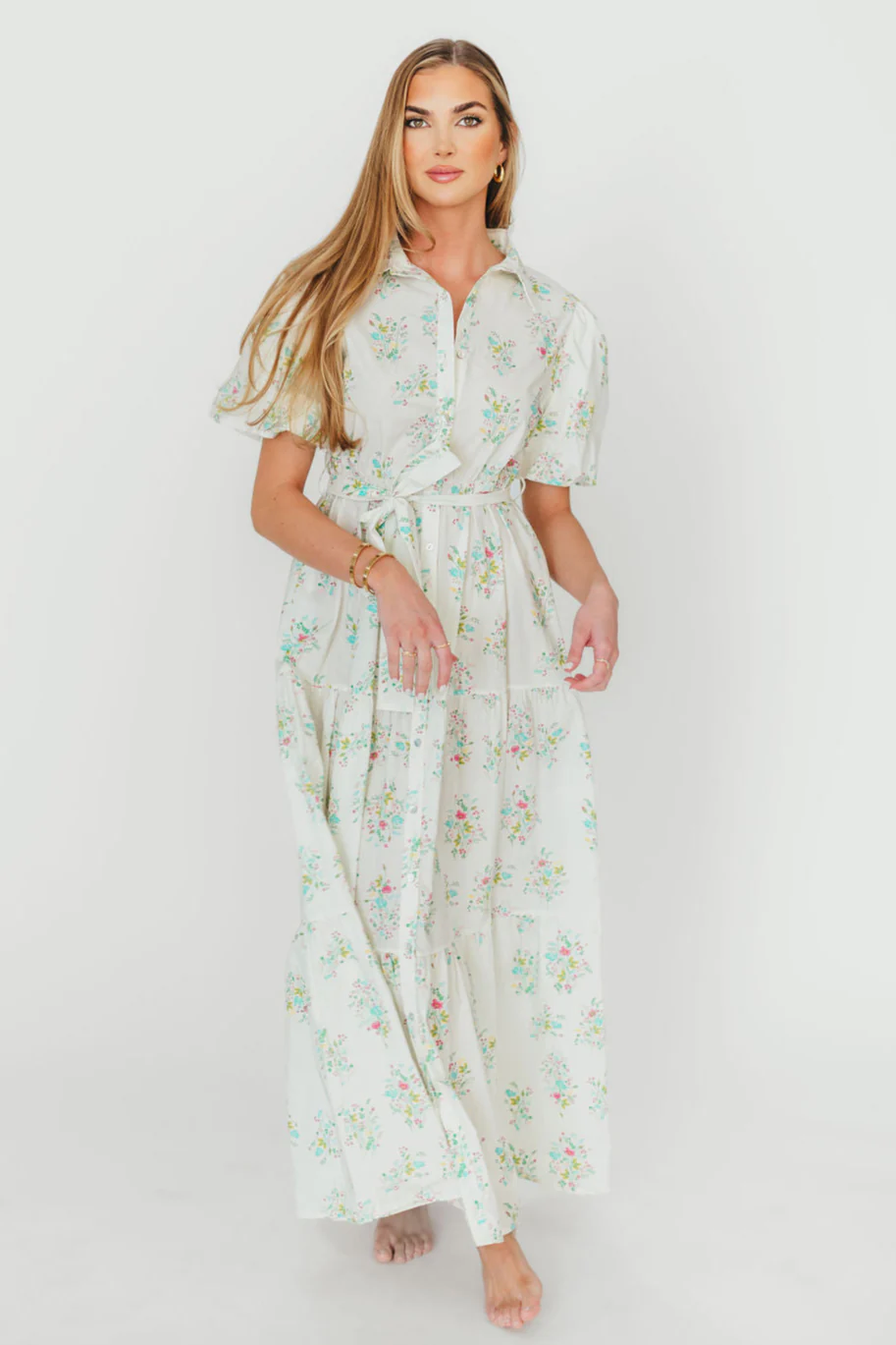 Josephine 100% Cotton Tie Waist Maxi Dress in White/Multi Floral - Nursing Friendly - Fashionser