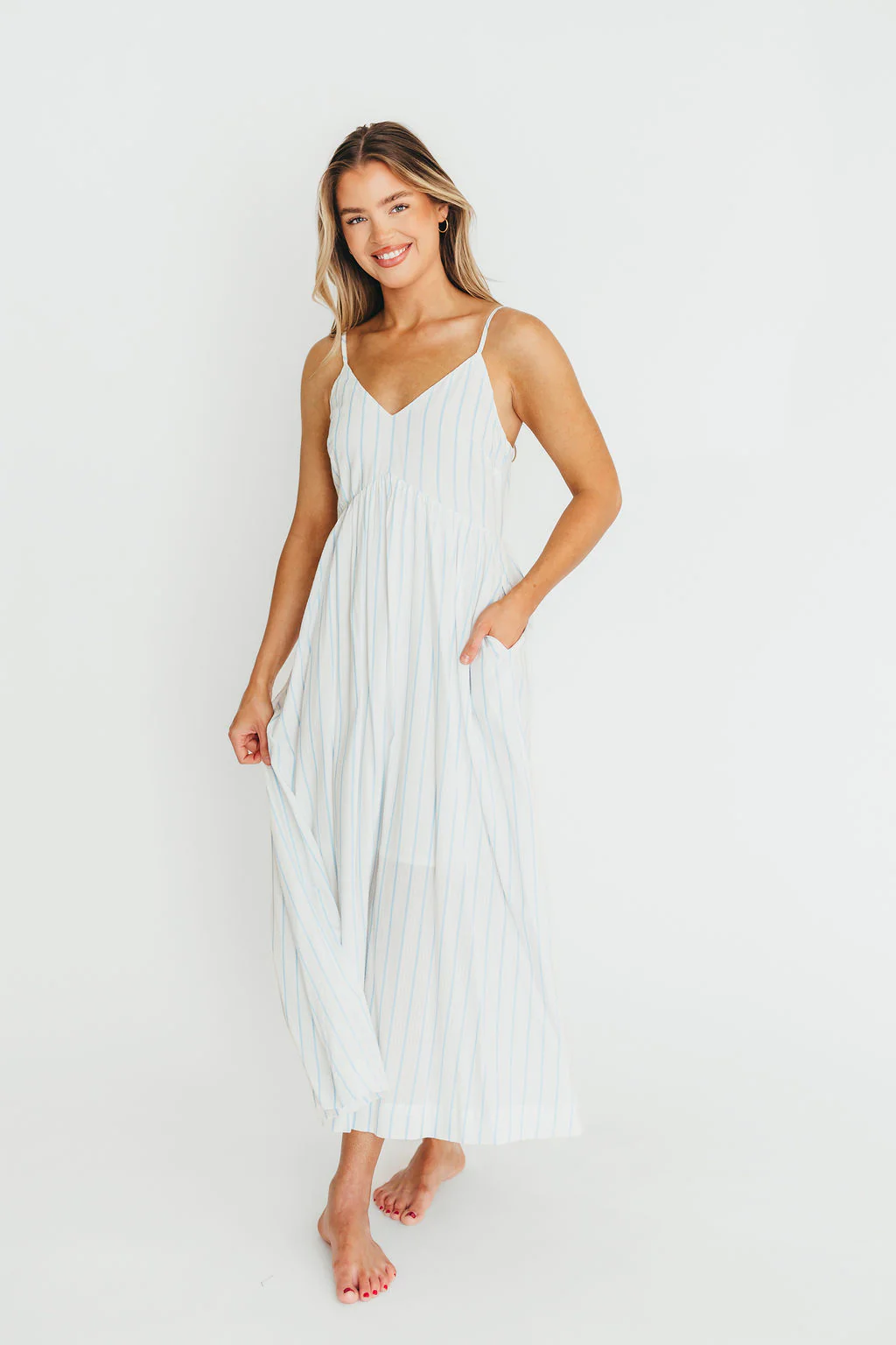 Genesis Stripe Midi Dress in White/Blue - Fashionser