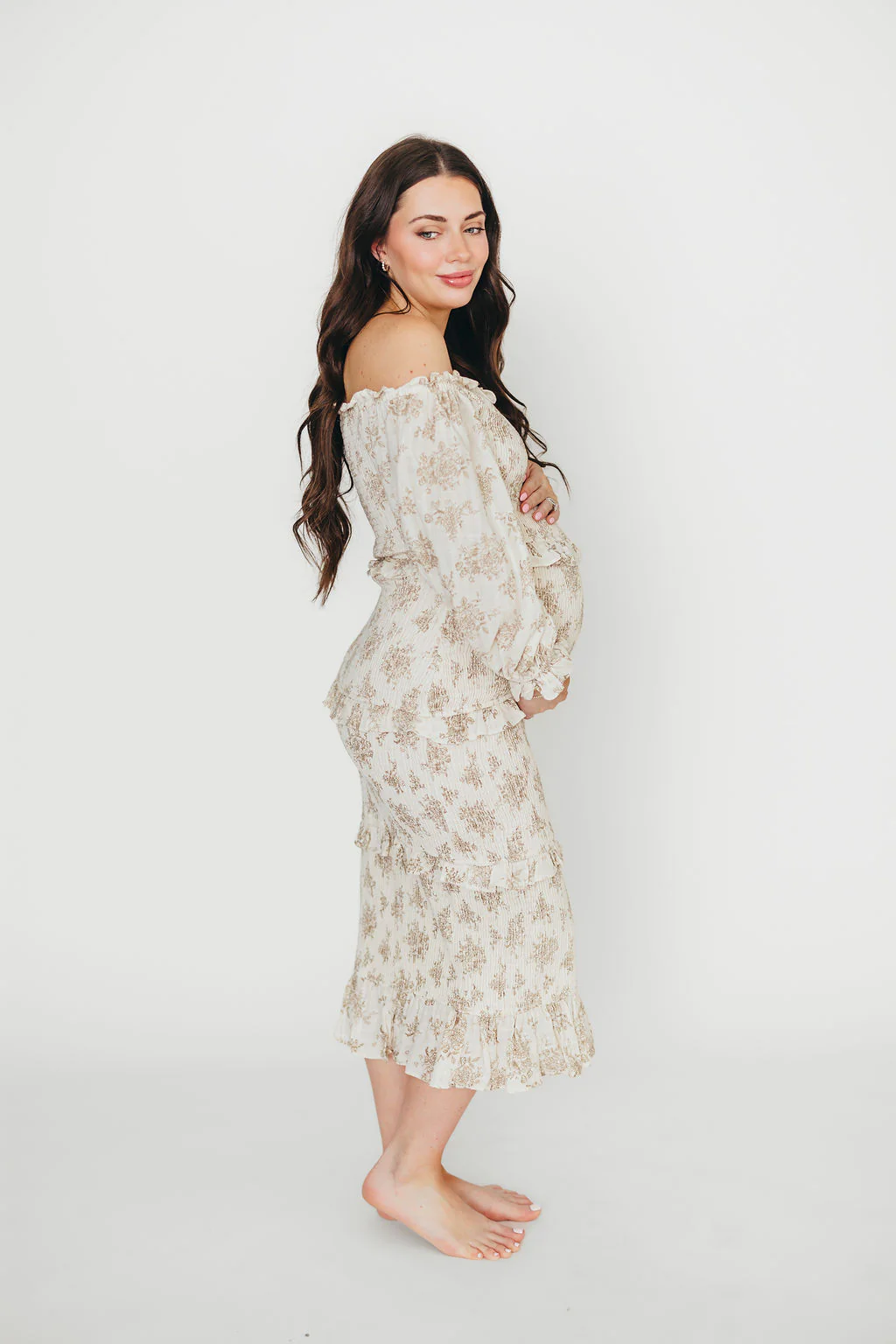 The Chloe Midi Dress in Brown - Bump Friendly - Fashionser