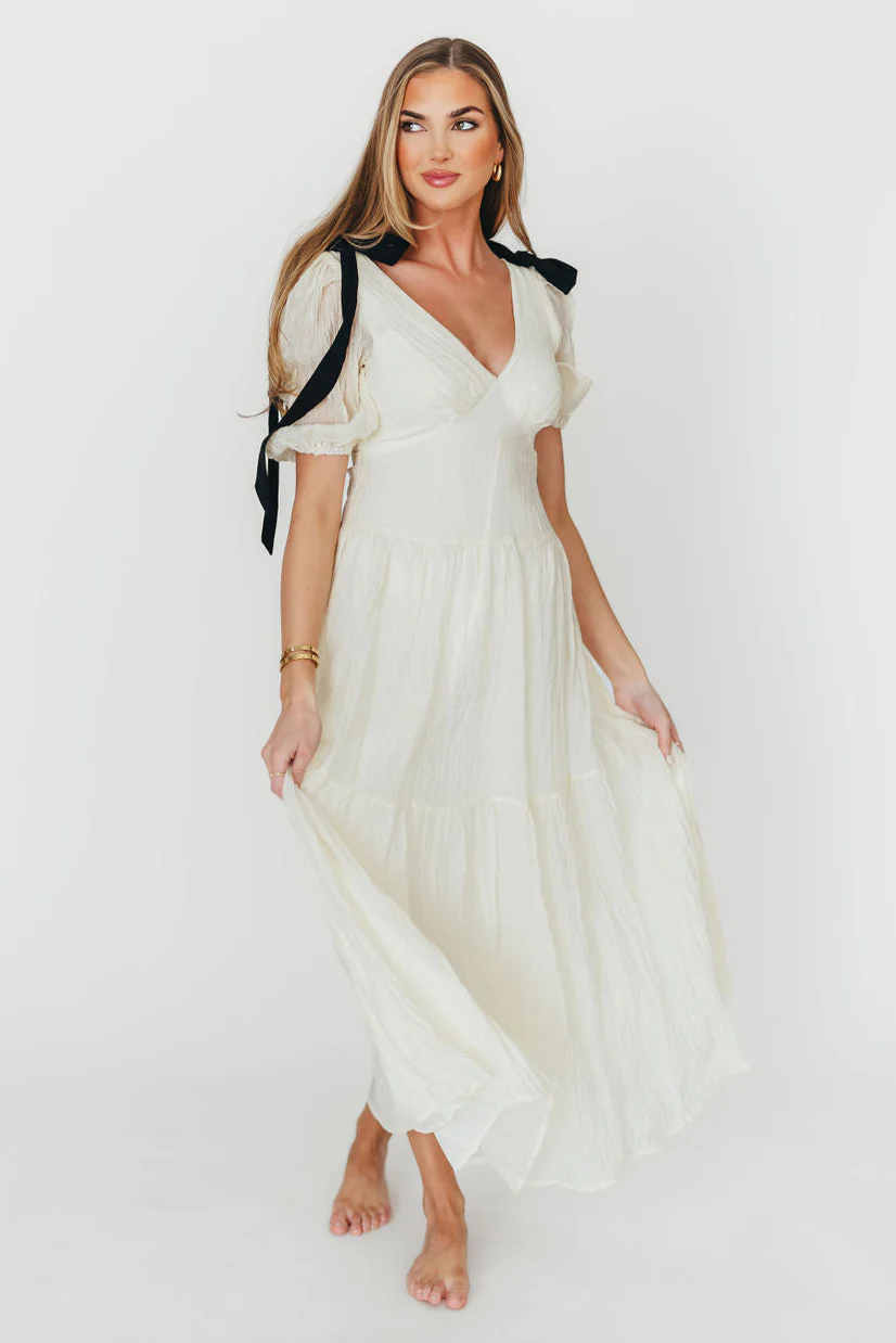 Iris Puffy Sleeve with Bows Maxi Dress in Cream - Fashionser
