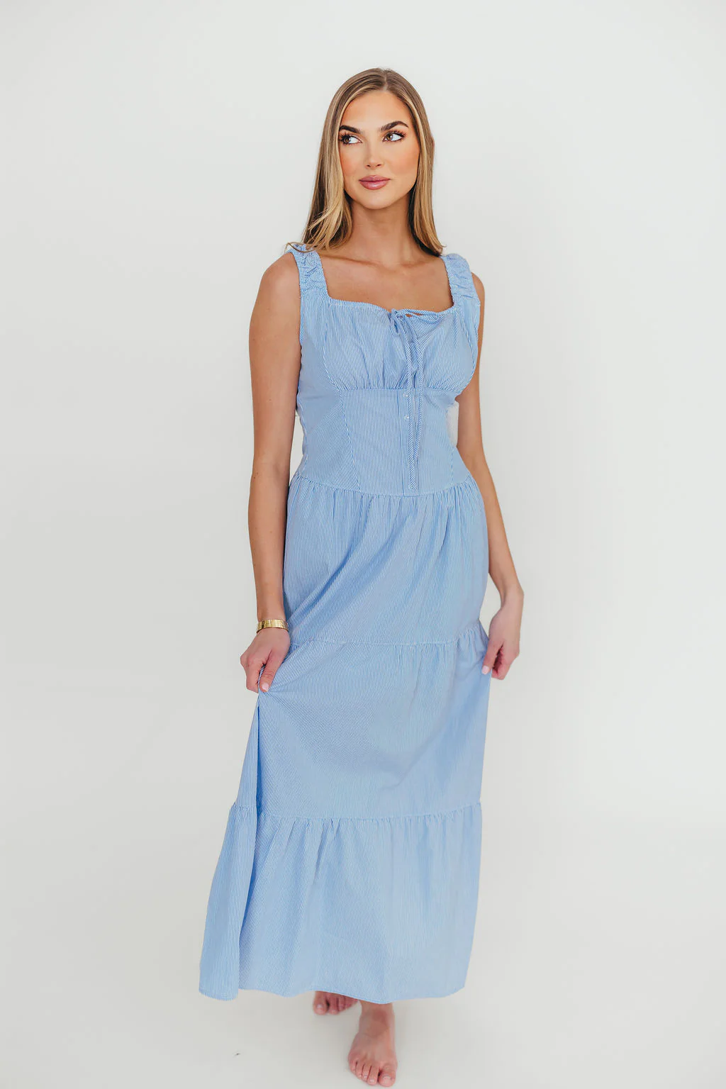 Katie 100% Cotton Maxi Dress in Blue Stripe - Fashionser