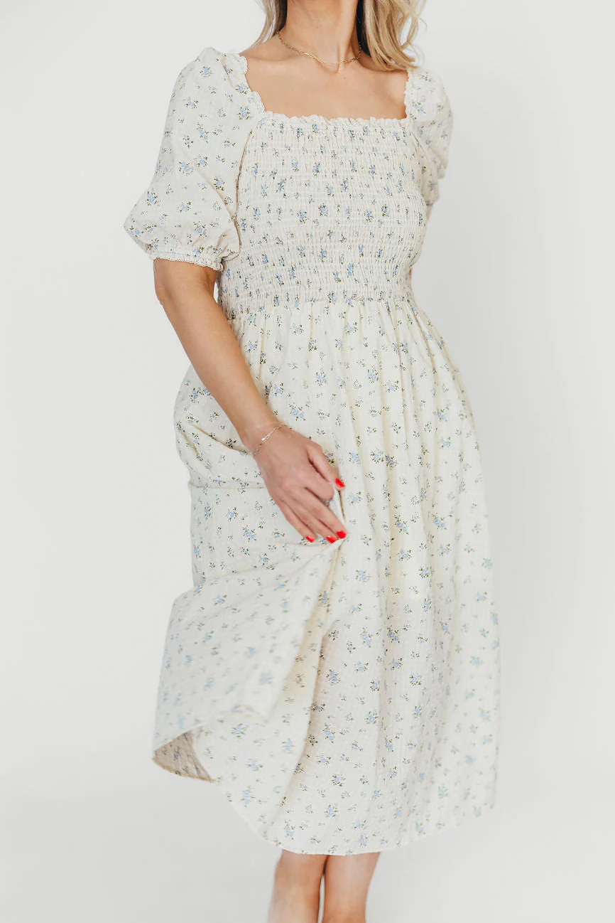 Kinsley Ditsy Floral Smocked Midi Dress in Sky Blue - Fashionser