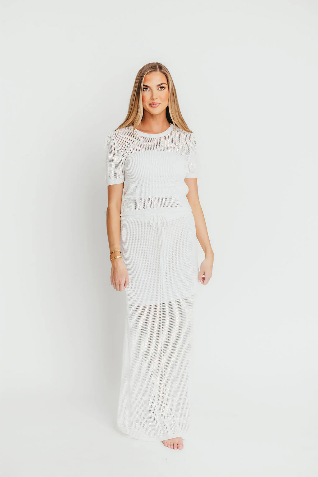 Aidan Open Knit Top and Maxi Skirt Set in Off-White - Fashionser