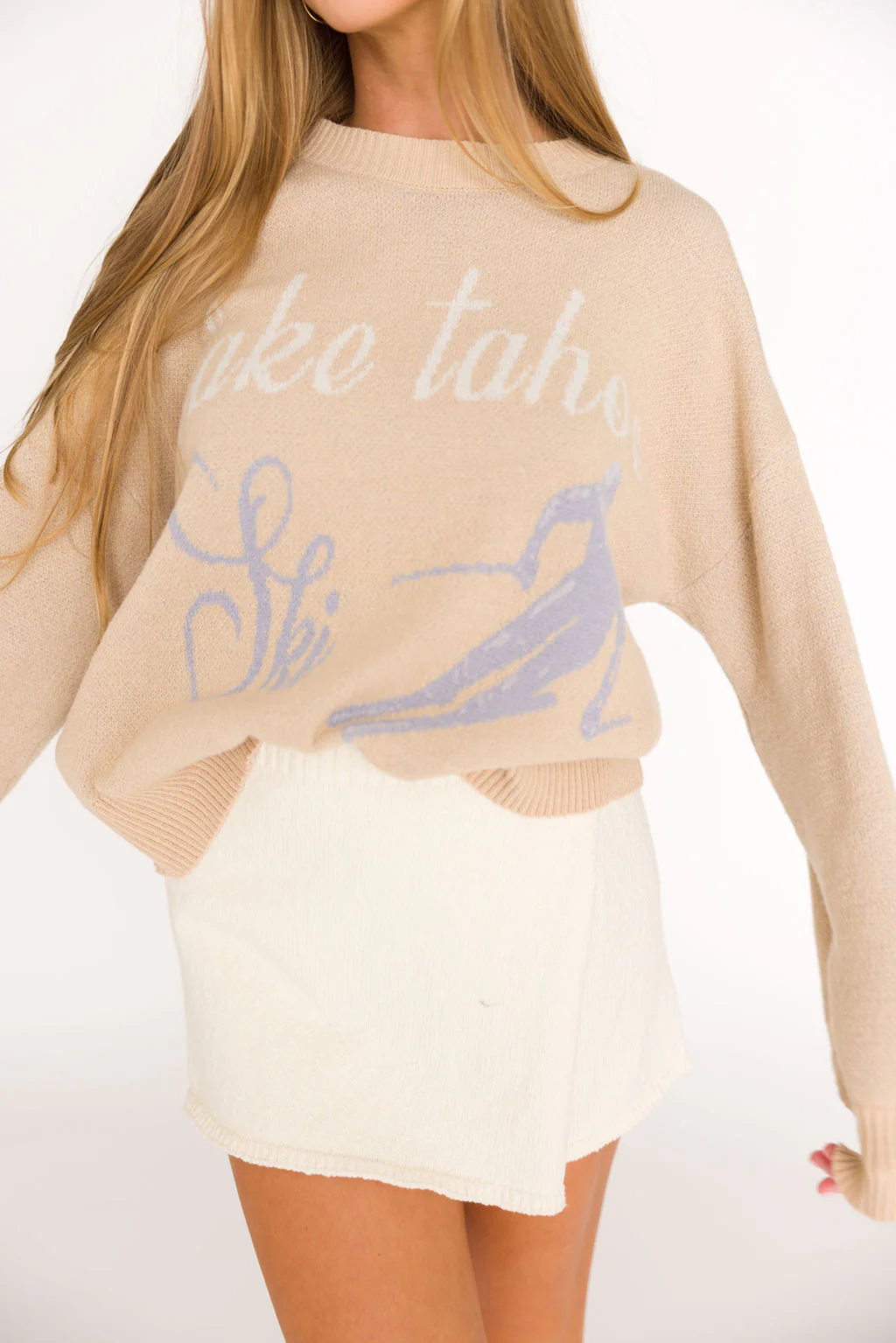 Lake Tahoe Ski Graphic Oversized Sweater in Beige - Fashionser
