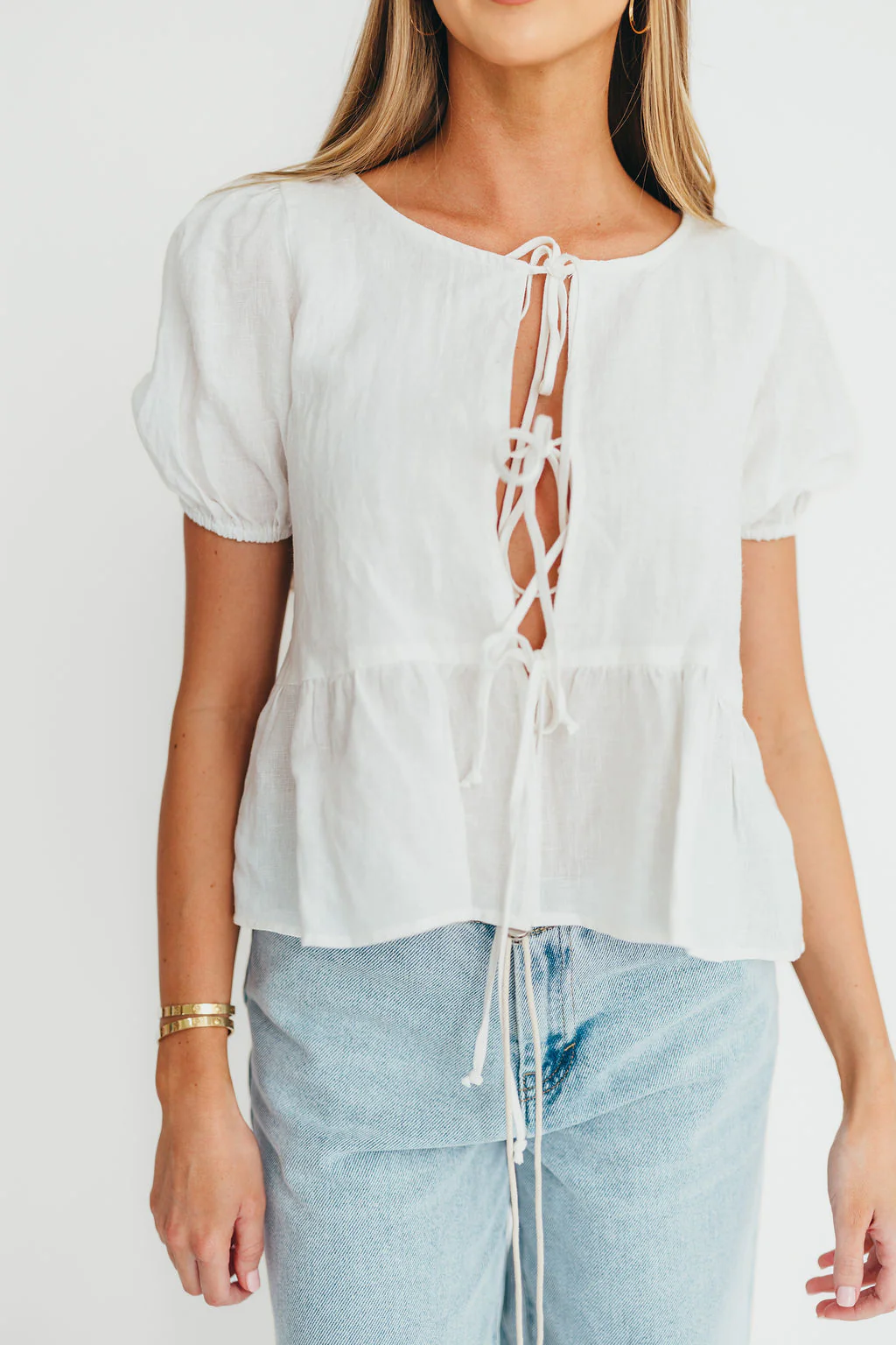 Mylie 100% Linen Woven Tie Top in Off-White - Fashionser