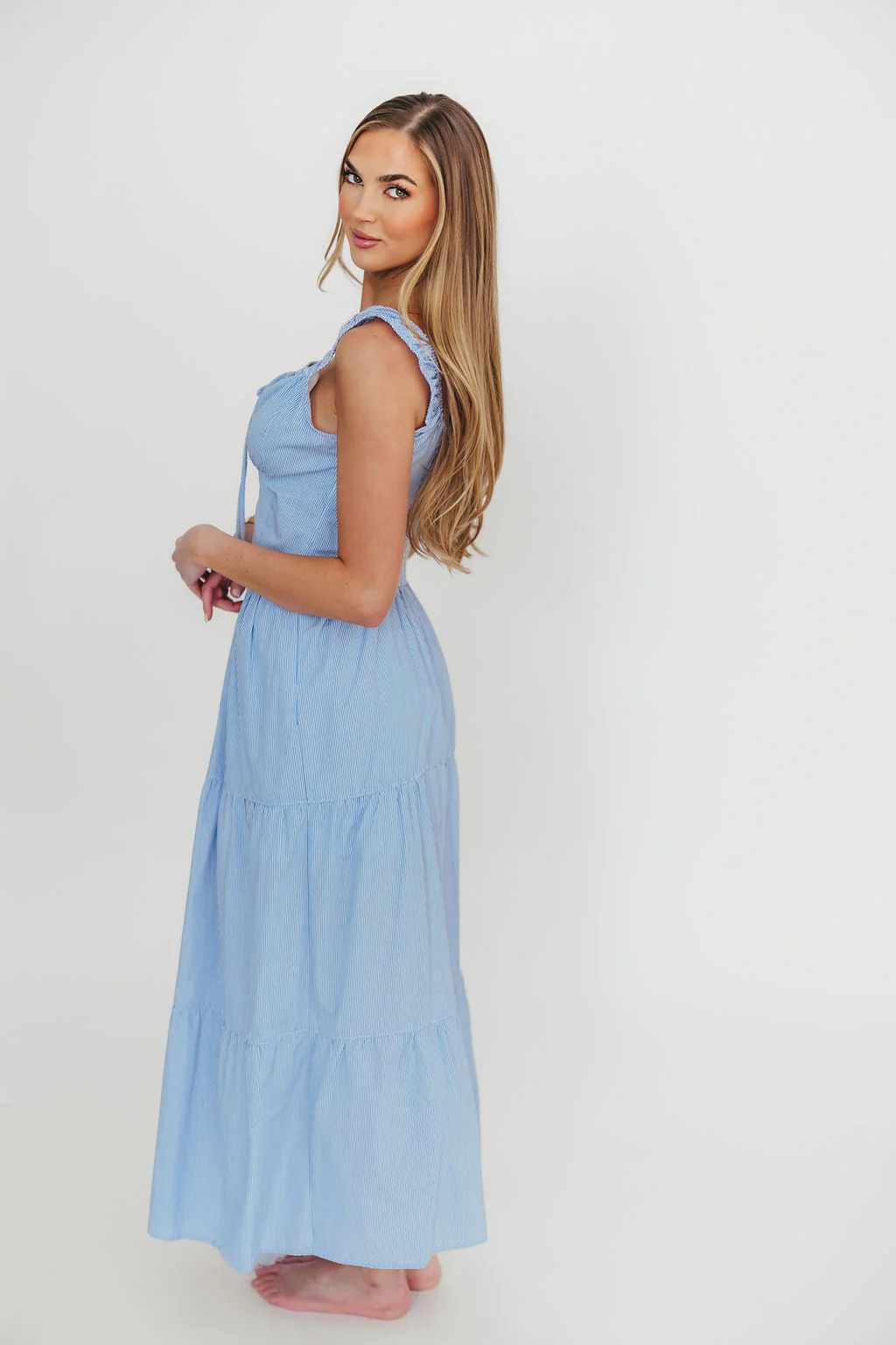 Katie 100% Cotton Maxi Dress in Blue Stripe - Fashionser