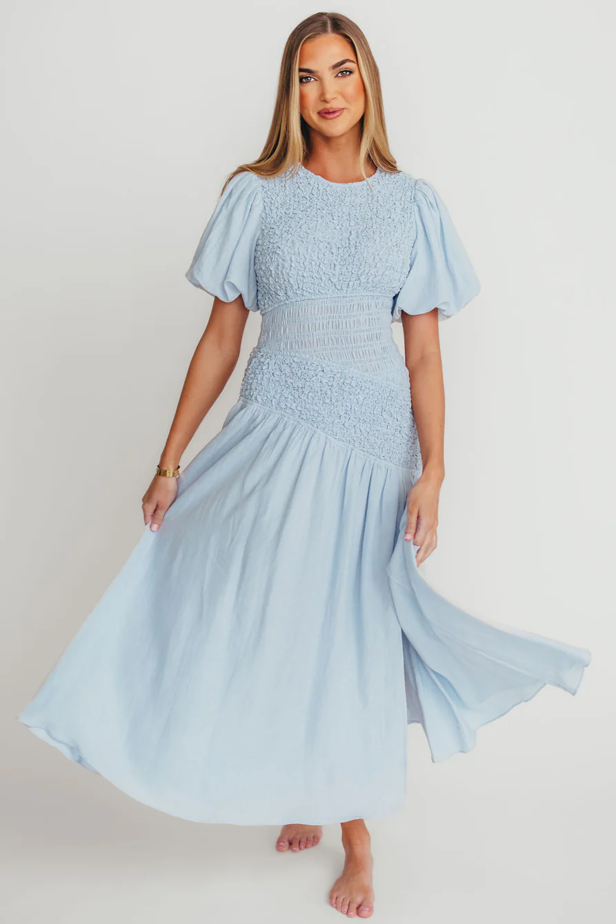 Theoni Asymmetrical Smocked Dress in Blue - Fashionser