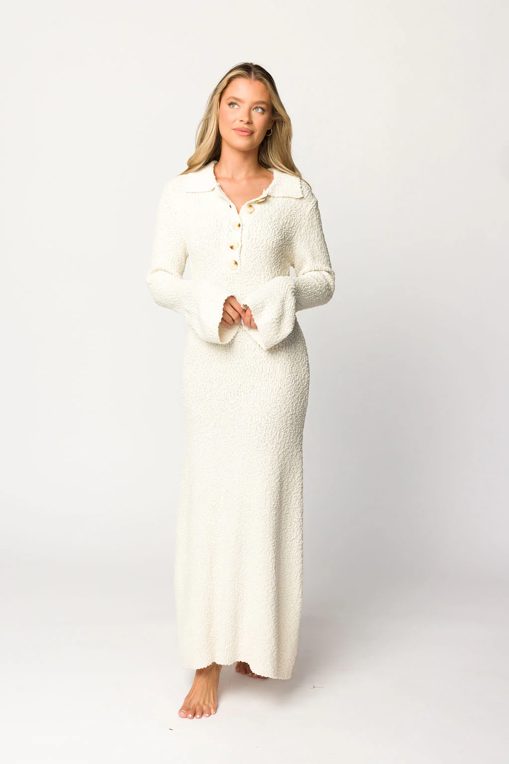Courtney Boucle Maxi Shirt Dress in Cream- Nursing Friendly - Fashionser
