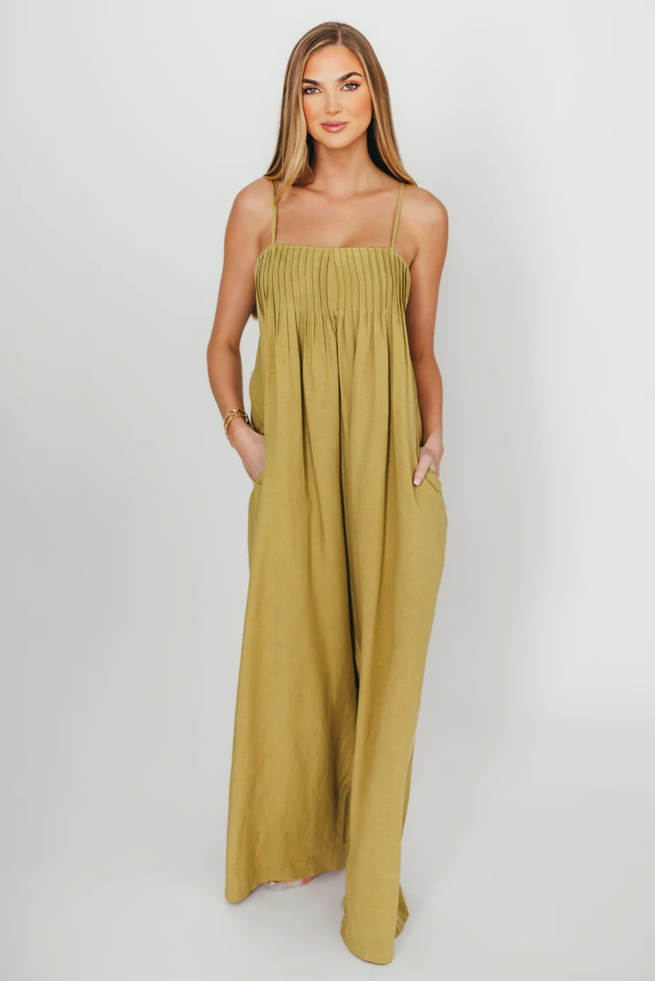 Adeline Pleated Jumpsuit in Olive - Fashionser