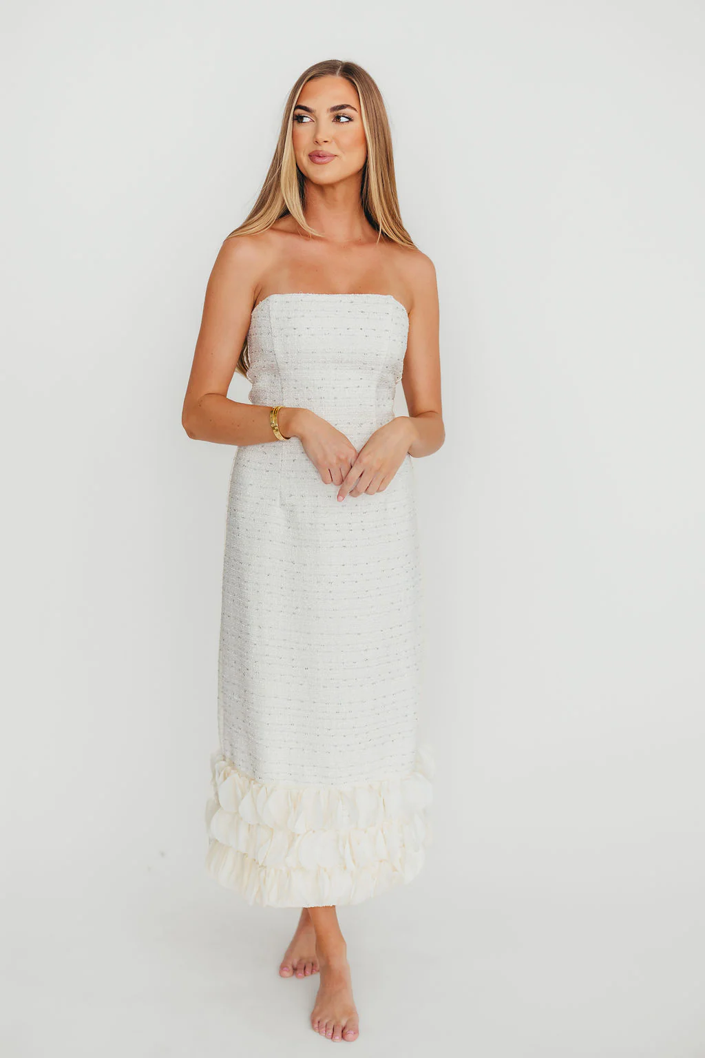 Whitney Tweed Strapless Maxi Dress in Off-White - Fashionser