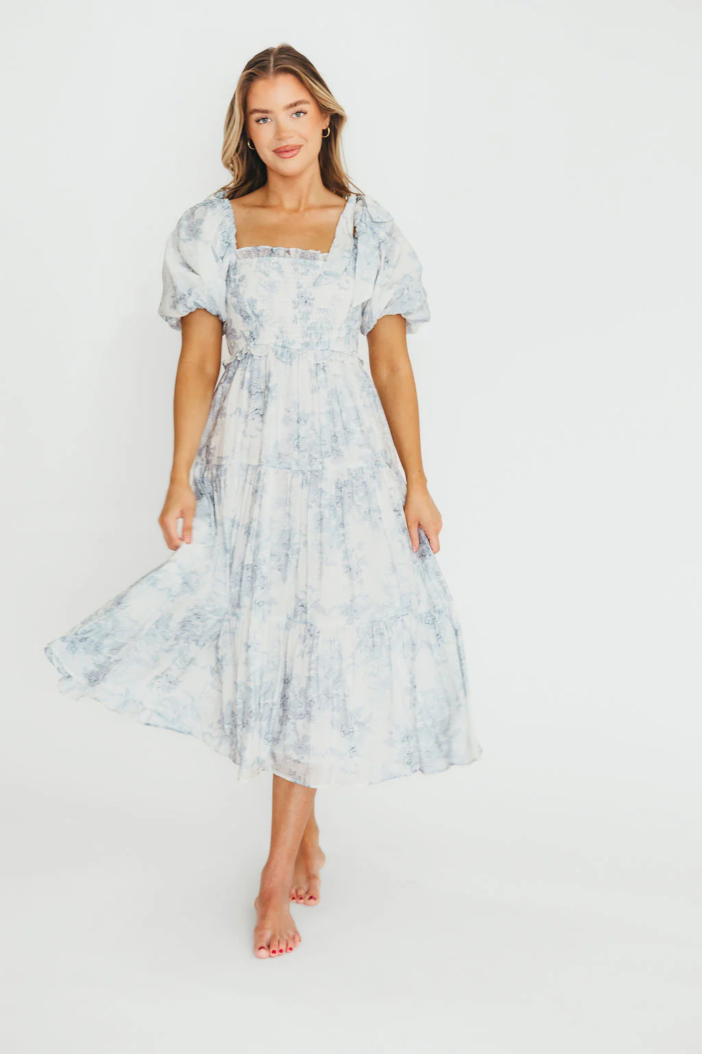 Elena Floral Print Smocked Midi Dress in Blue Floral- Bump Friendly - Sold Out Sizes Restock 4/19 - Fashionser