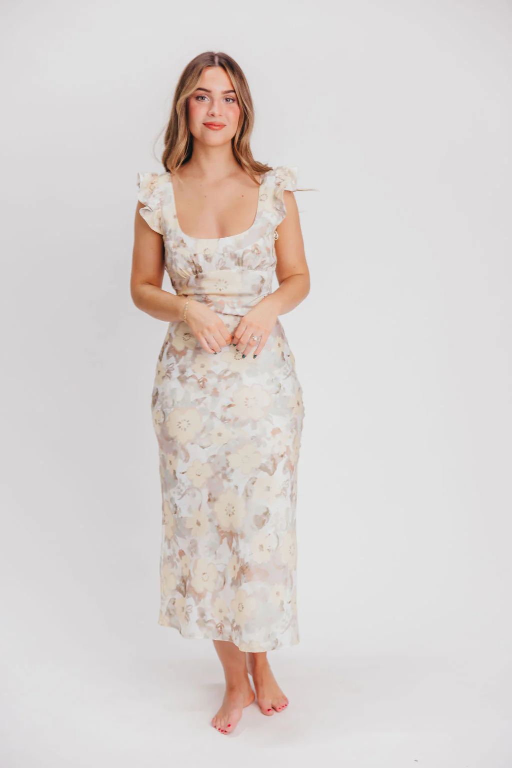 Pisa Floral Chiffon Midi Dress with Ruffle Shoulder in Champagne - Fashionser