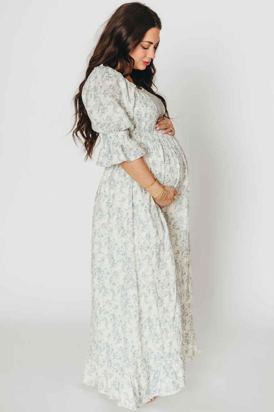 Sienna 100% Cotton Puff Sleeve Maxi Dress in Blue Floral - Bump Friendly - Fashionser