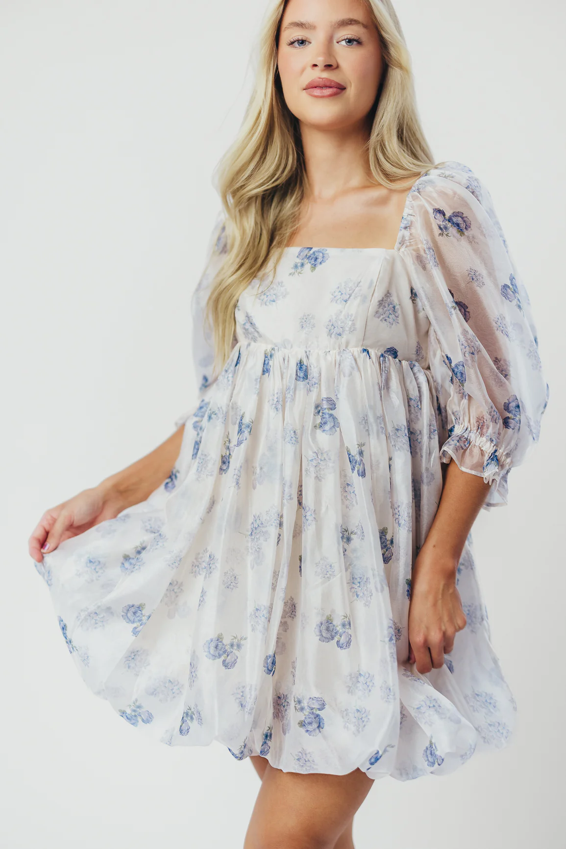 Chase Bubble Hem Mini Dress in White/Periwinkle - Fashionser