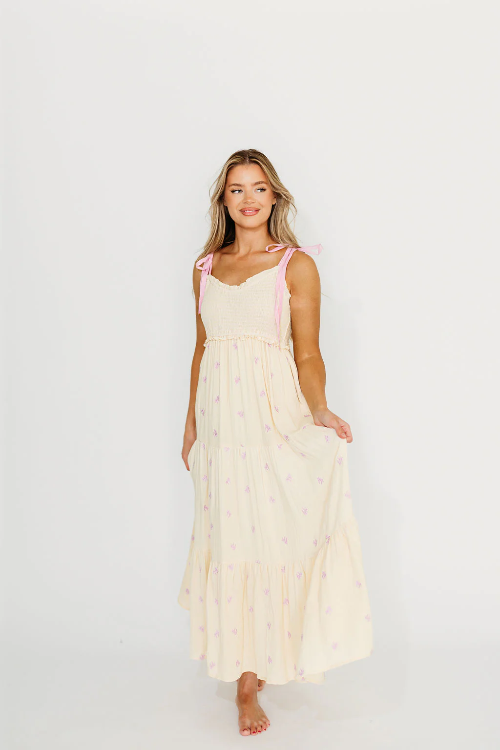 Kiana 100% Cotton Smocked Embroidered Gauze Maxi in Creme - Fashionser