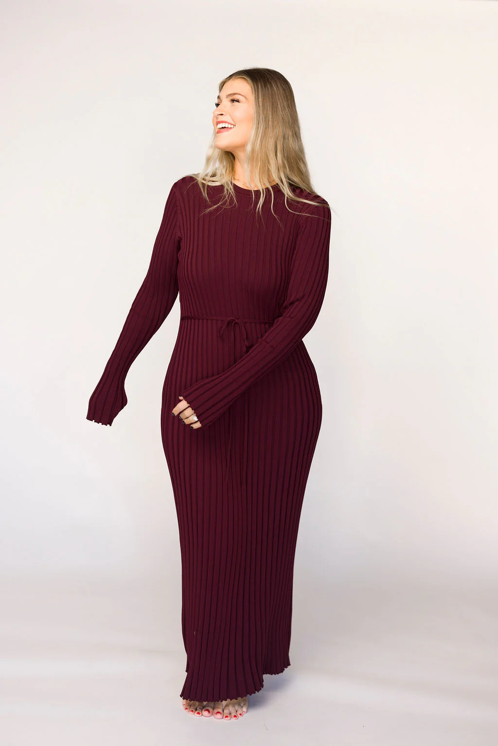 Colette Premium Long Sleeved Ribbed Knit Maxi Dress in Burgundy - Bump Friendly - Fashionser