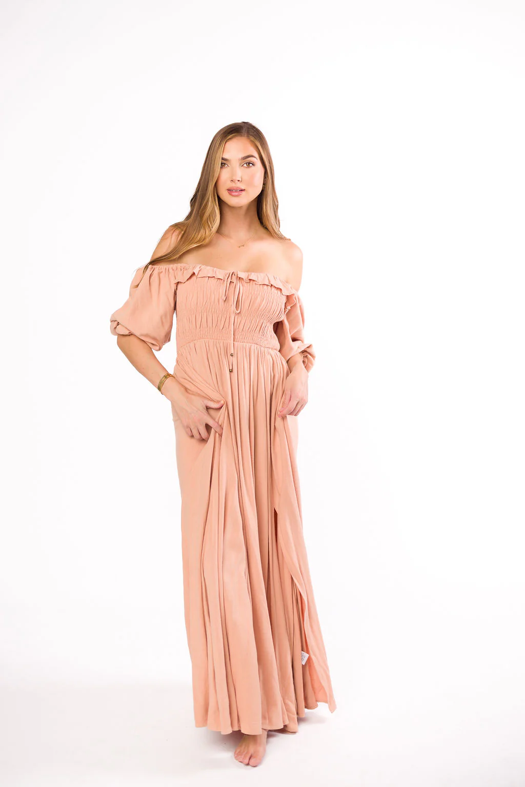Devon Smocked Maxi Dress in Peach Clay - Bump Friendly - Fashionser