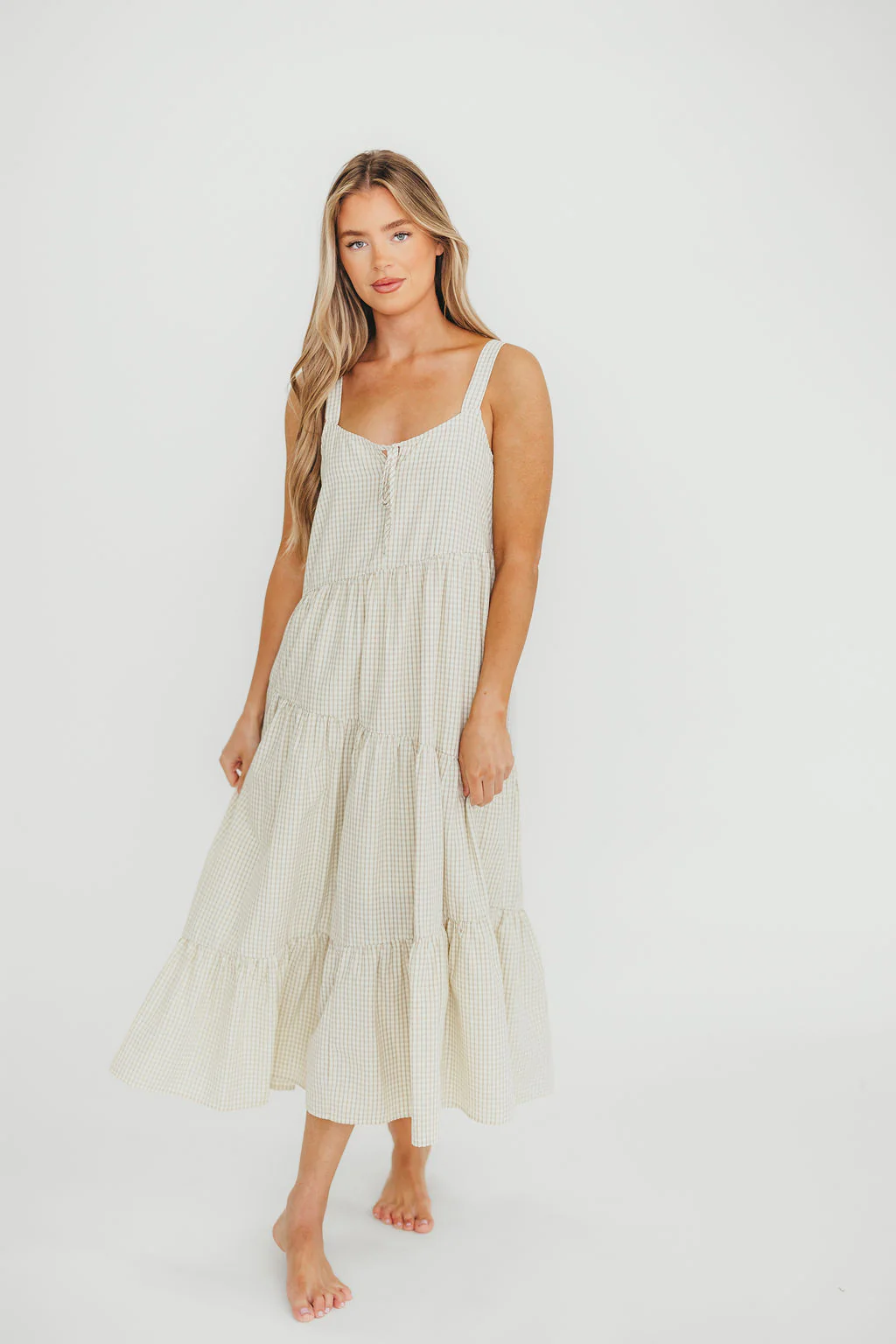 Chesney Midi Dress in Taupe/Cream - Fashionser