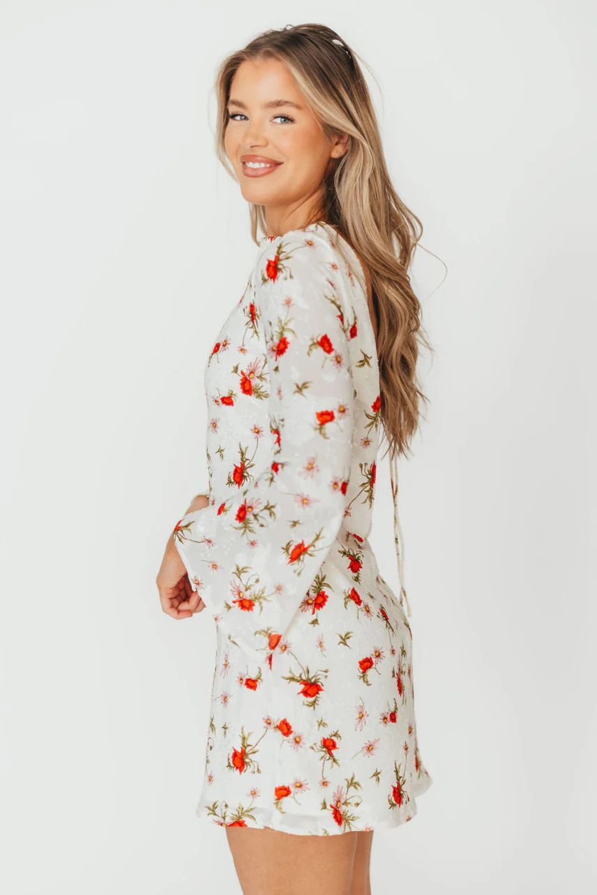 Adelaide Open Back Floral Mini Dress in White - Fashionser